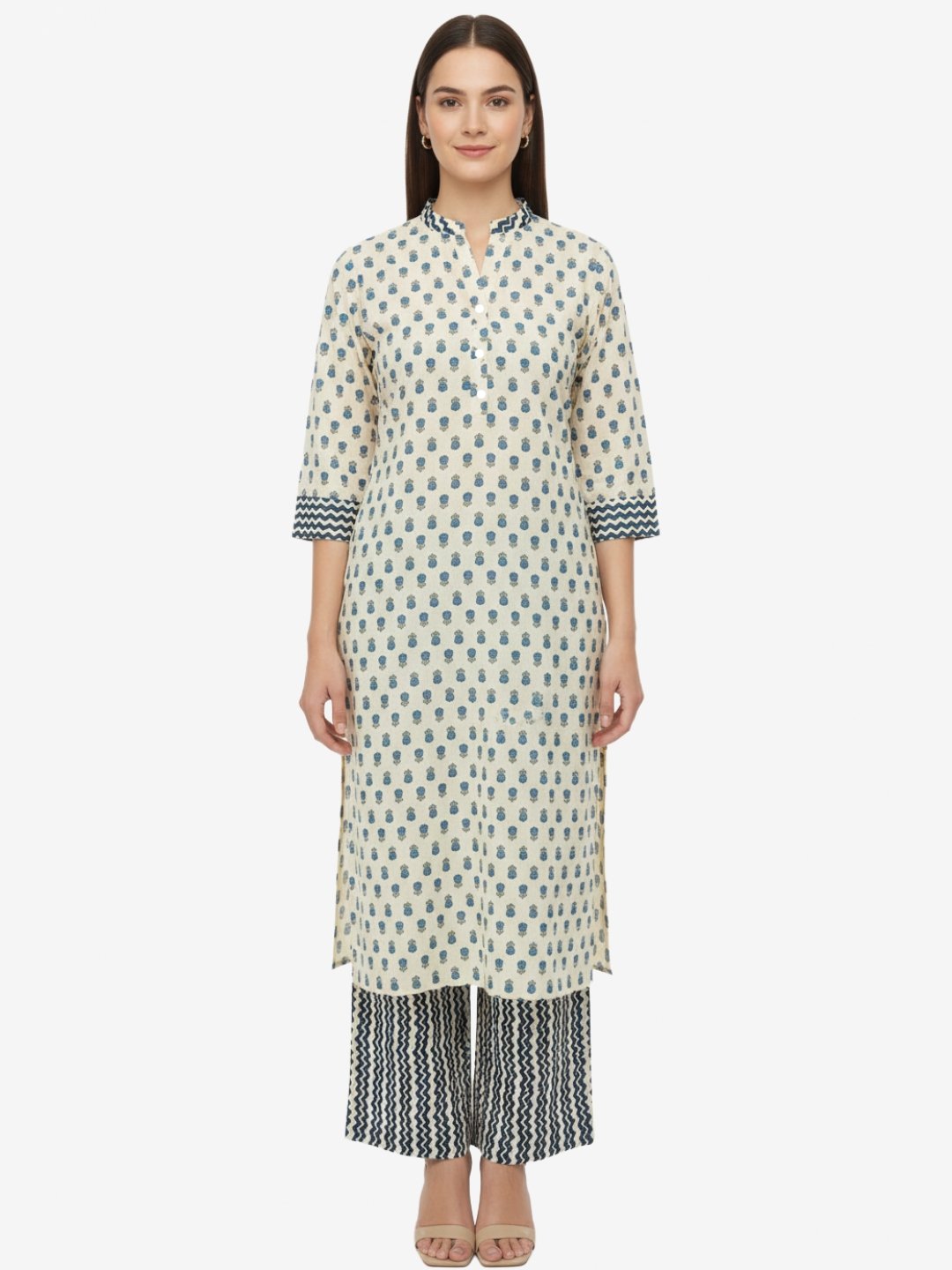 Off White Blue Printed Cotton Kurta Pant Set