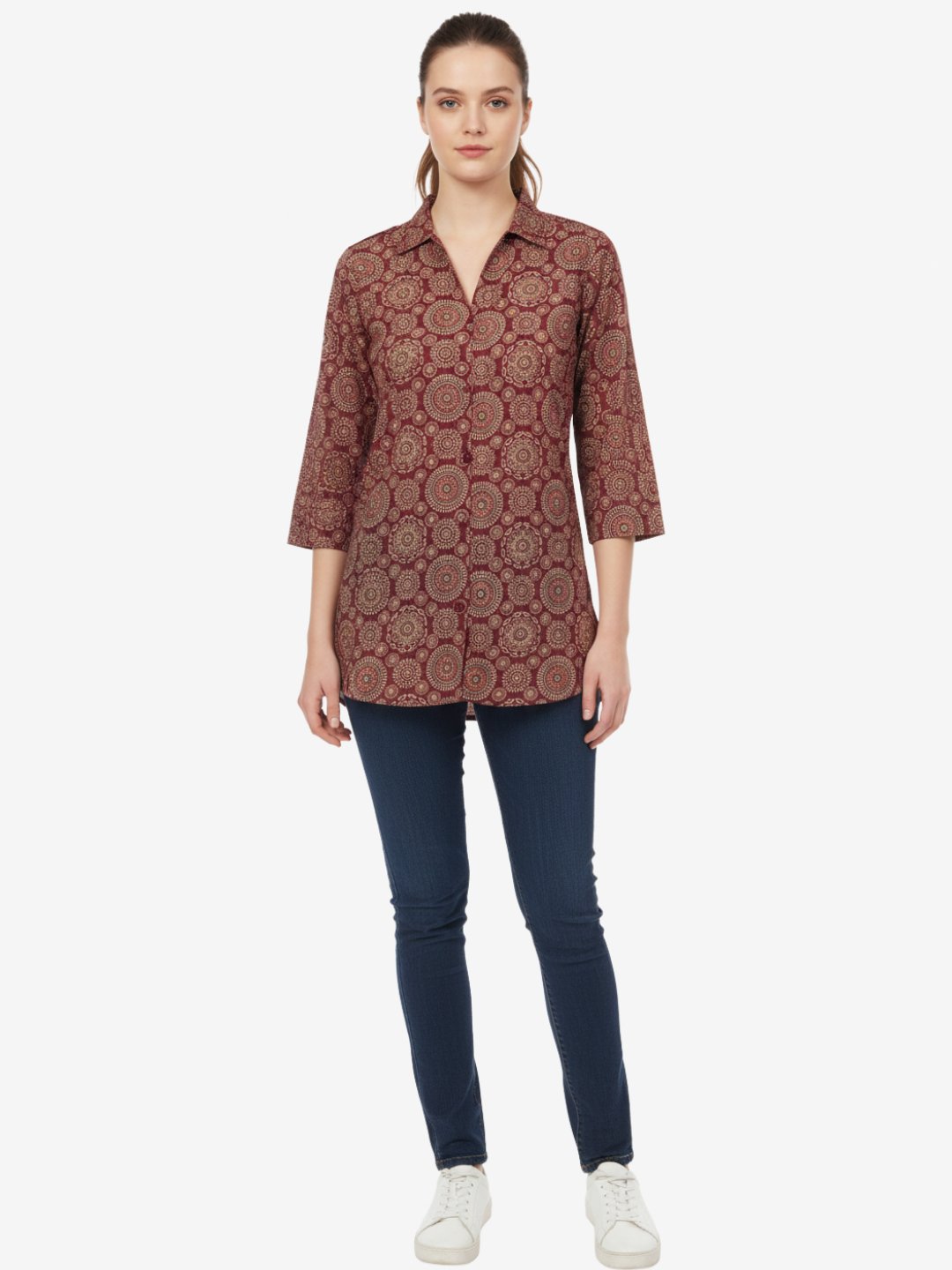 Women’s Maroon Printed Cotton Top | 3/4 Sleeve Shirt Collar Tunic