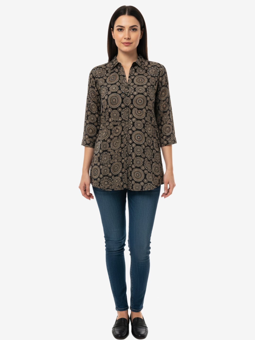 Women’s Black Printed Cotton Top | 3/4 Sleeve Shirt Collar Tunic