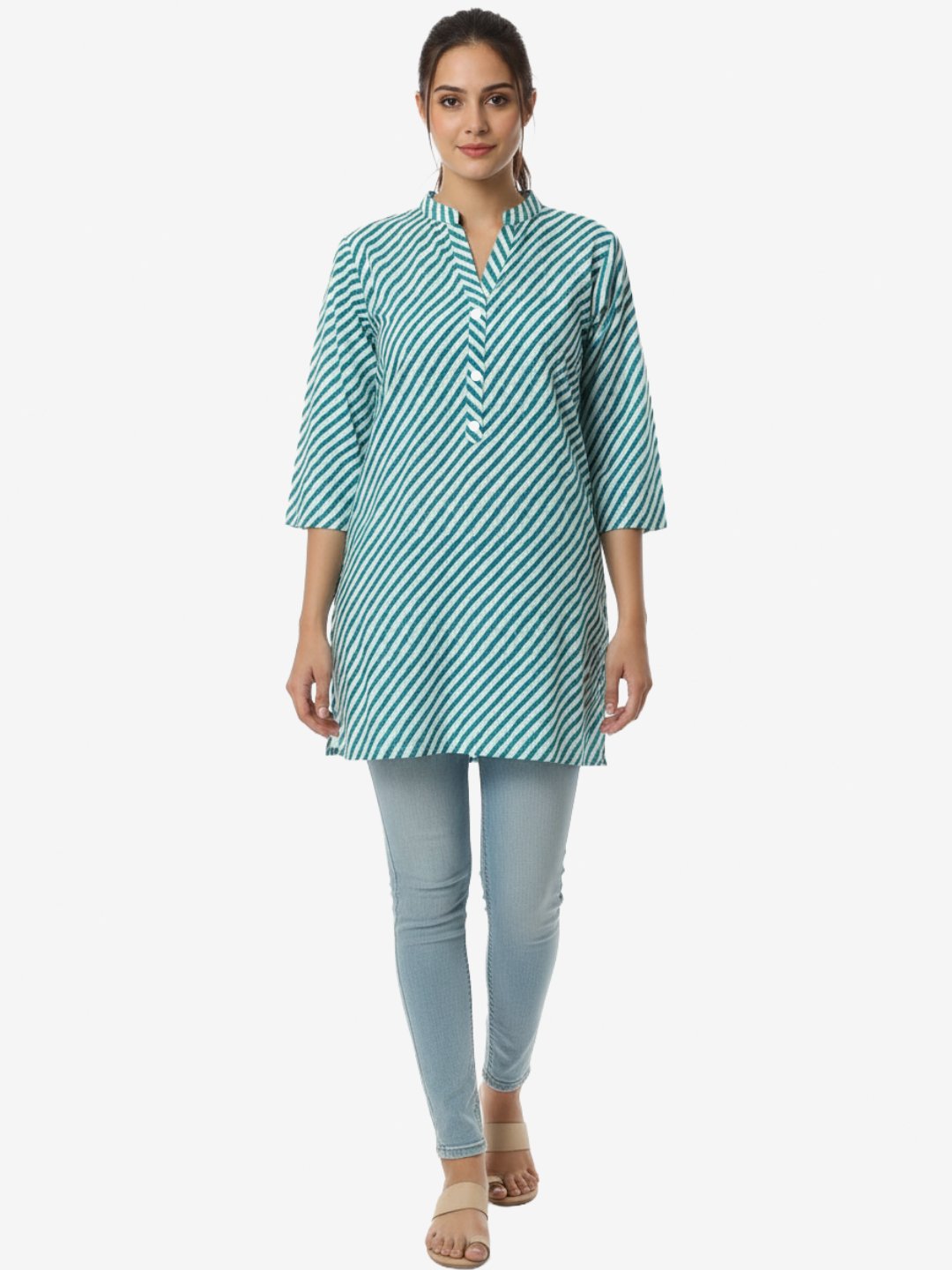 Teal Striped Cotton Short Kurta – Smart Casual Everyday Wear