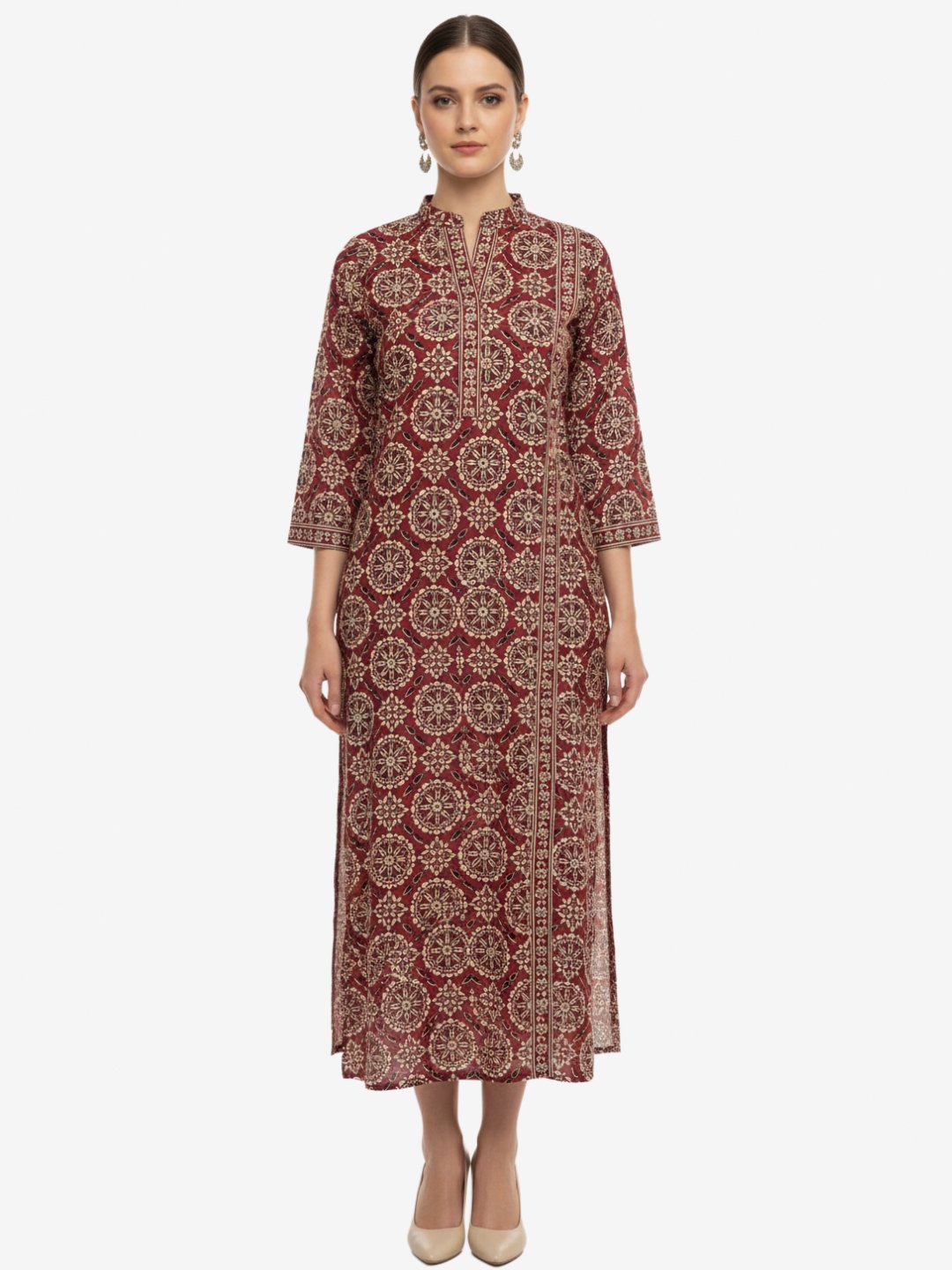 Maroon Printed Cotton Calf Length Kurta for Women – Elegant Ethnic Wear