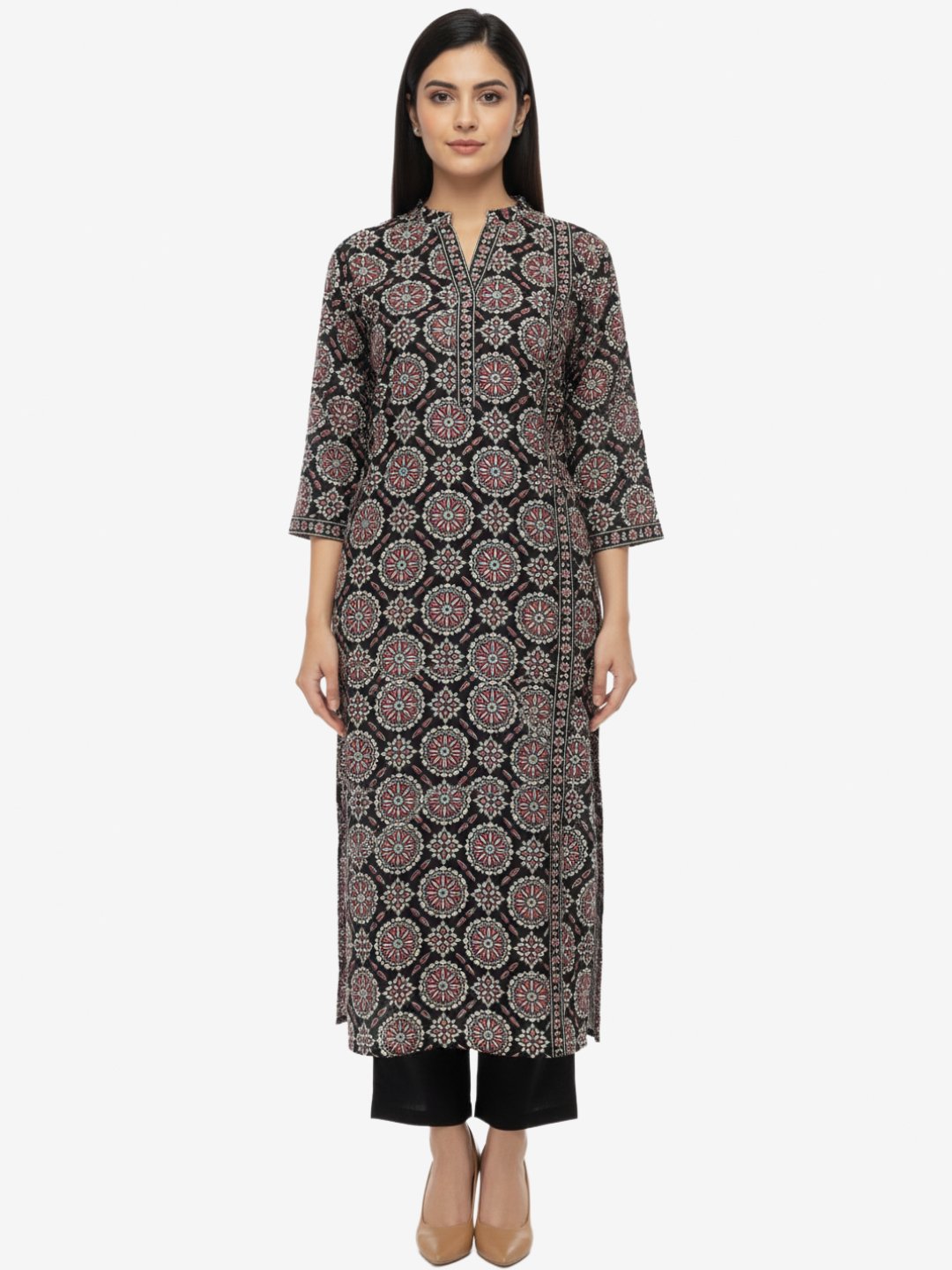 Black Printed Cotton Calf Length Kurta for Women – Elegant Ethnic Wear