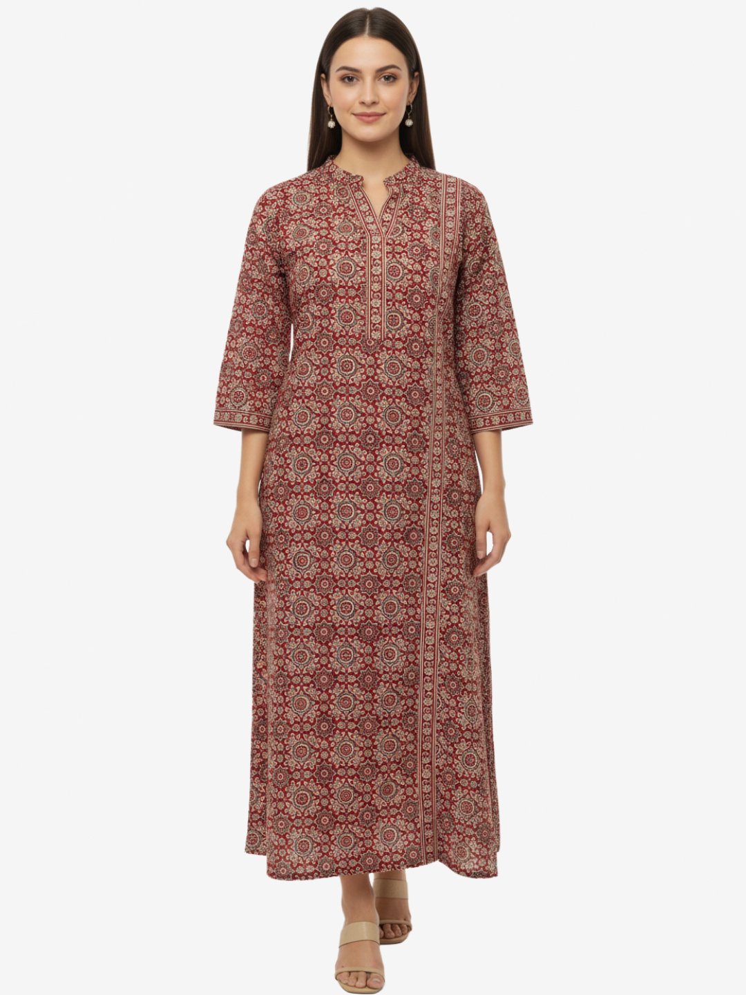 Maroon Printed Cotton Calf Length Kurta for Women