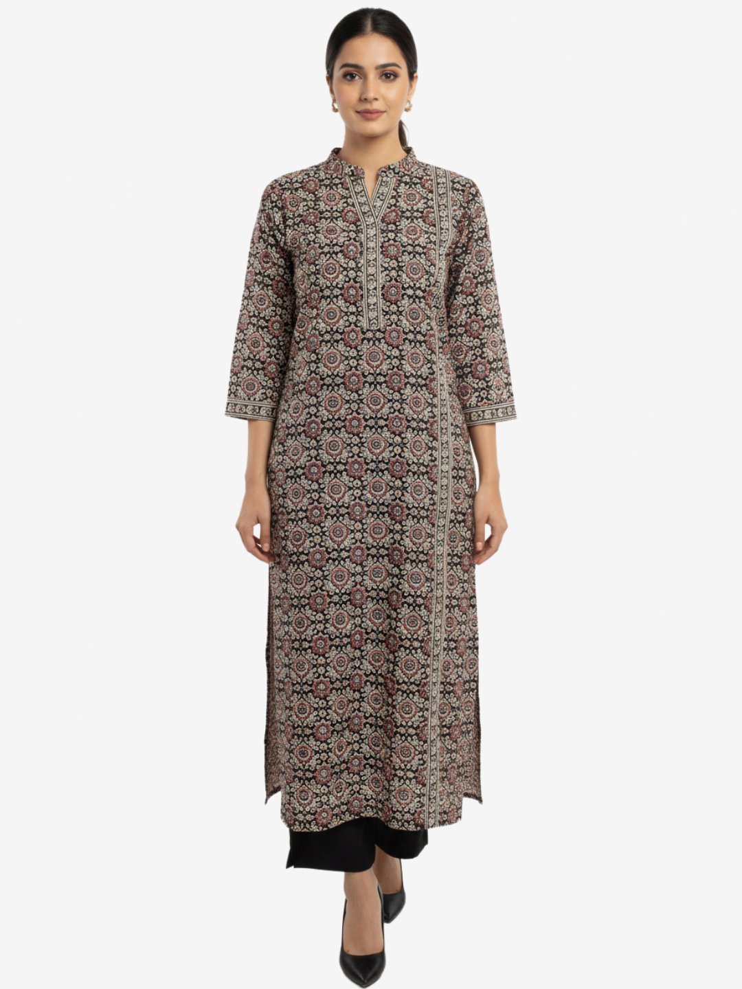 Black Printed Cotton Calf Length Kurta for Women