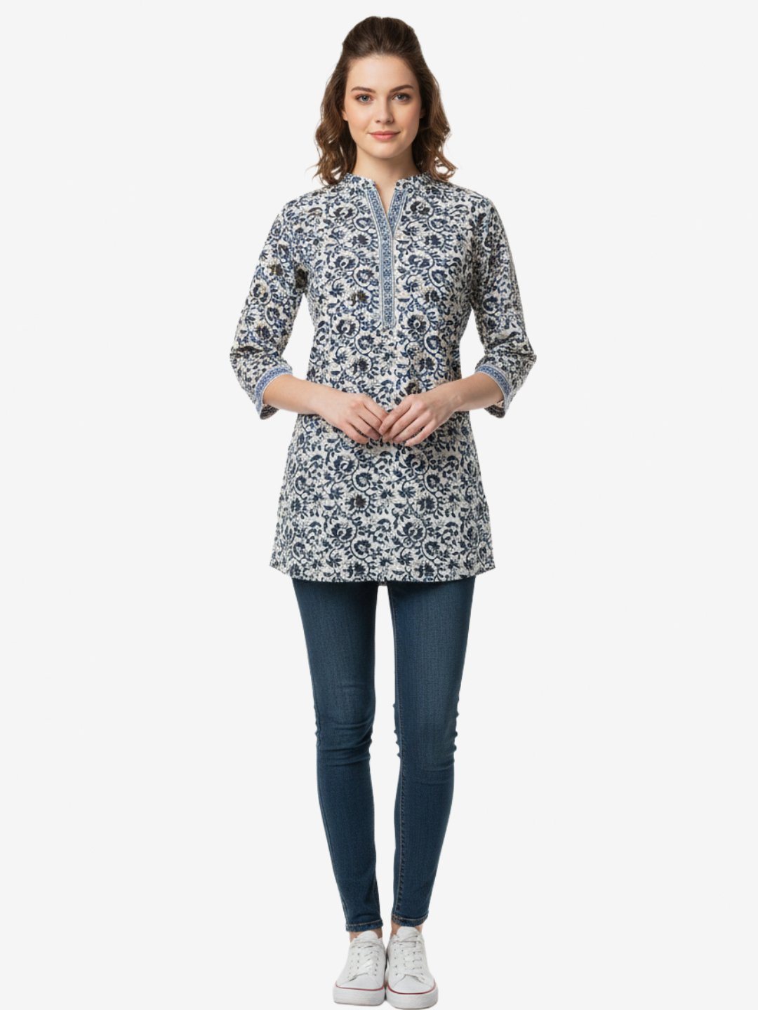 Off White Blue Printed Cotton Short Kurta for Women - Ethnic Casual Wear