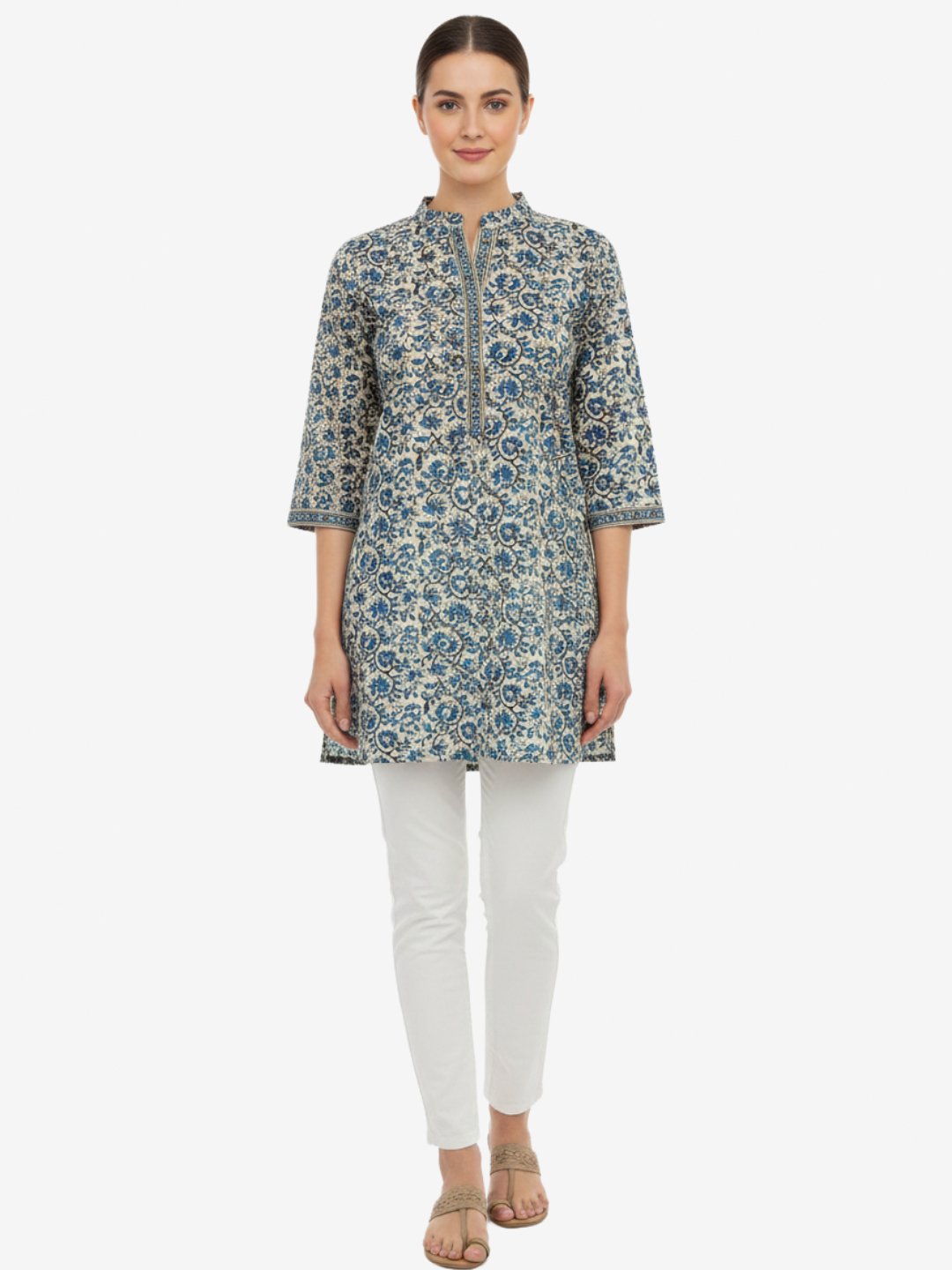 Beige Indigo Blue Printed Cotton Kurta for Women - Ethnic Casual Top