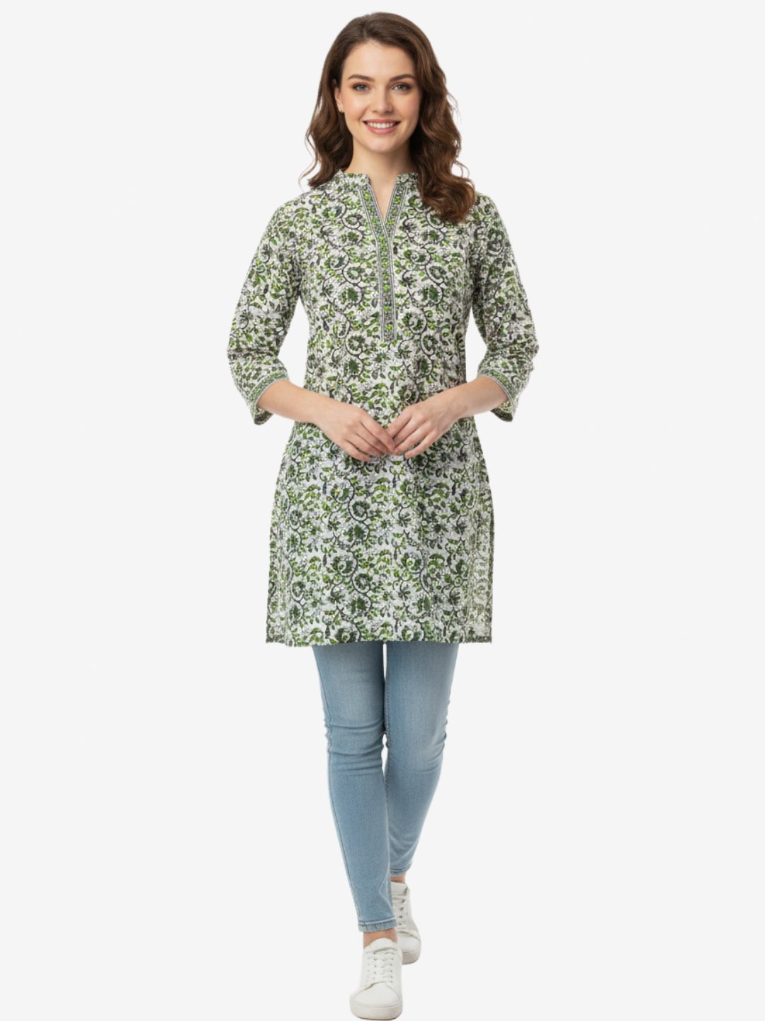 White Green Printed Cotton Kurta for Women - Ethnic Casual Wear