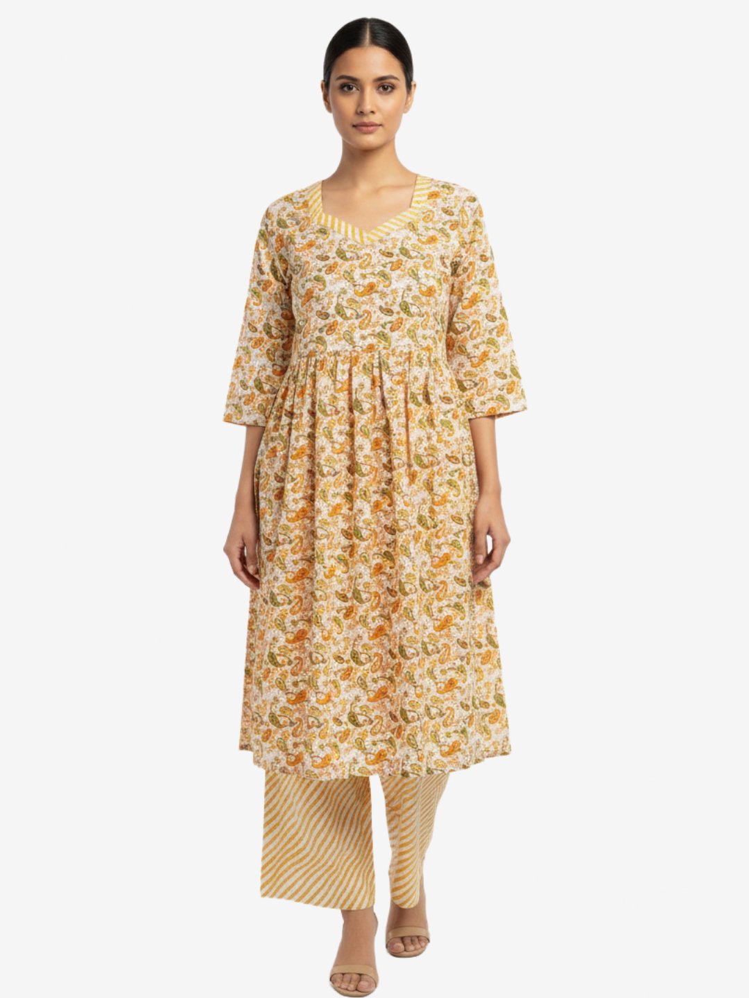 Mustard Yellow Floral Print Cotton Kurta with Striped Pant