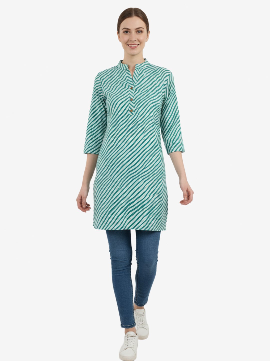 Women’s Teal & White Wavy Stripe Cotton Kurti with Mandarin Collar