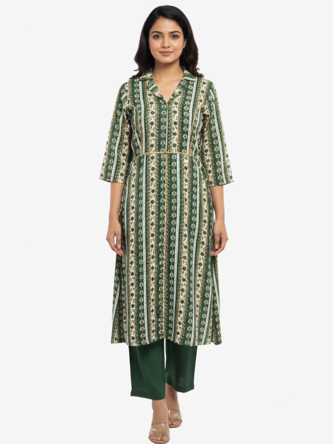 Green Striped Floral Printed Kurta Pant Set for Women
