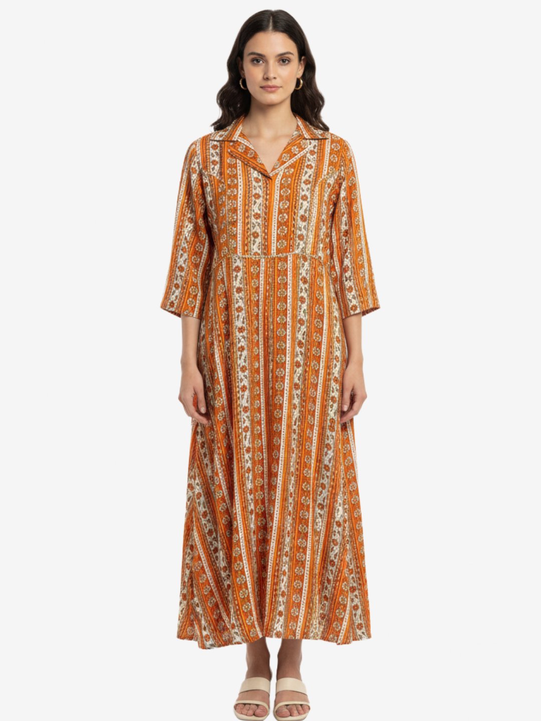 Orange Striped Floral Printed Maxi Kurta for Women