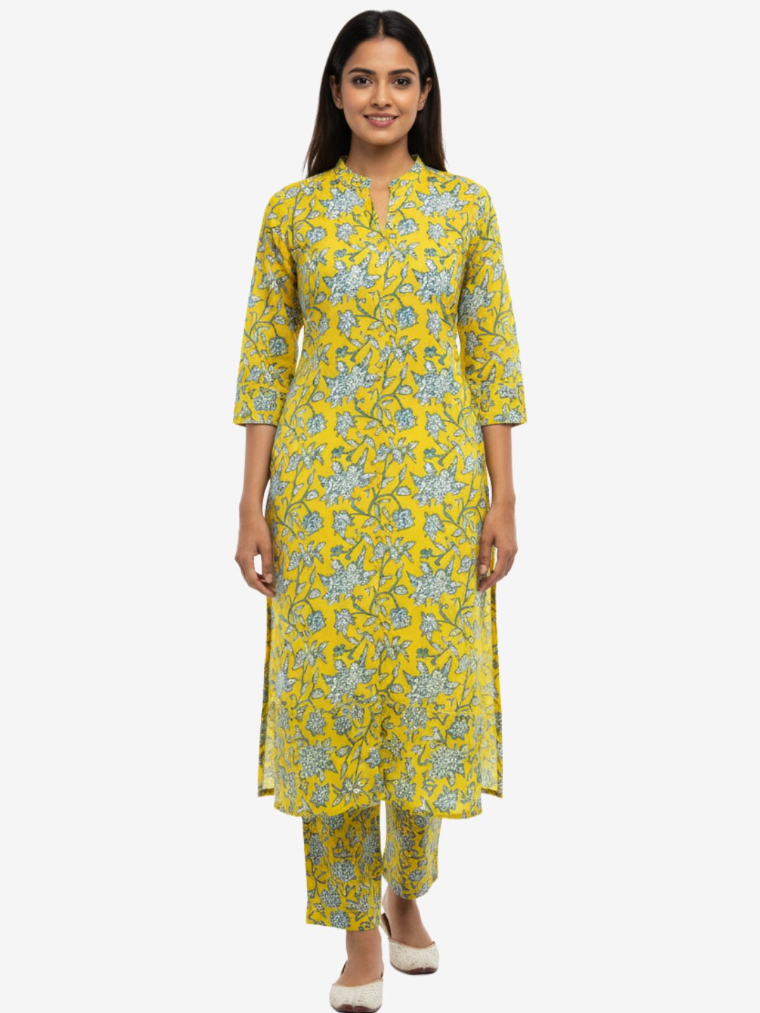 Mustard Yellow Floral Printed Cotton A-Line Kurta with Straight Pant Set