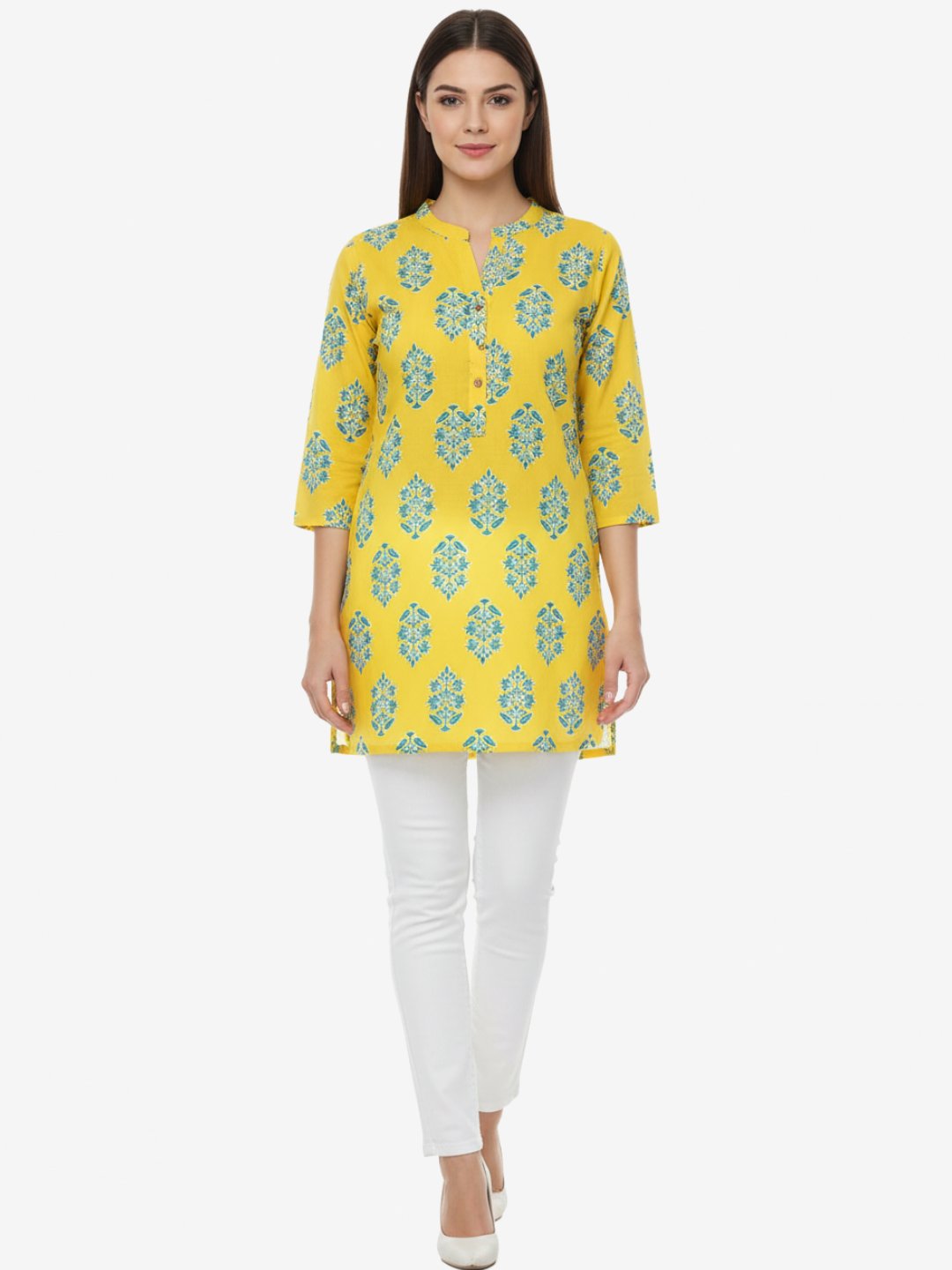 Yellow Floral Printed Short Kurti for Women