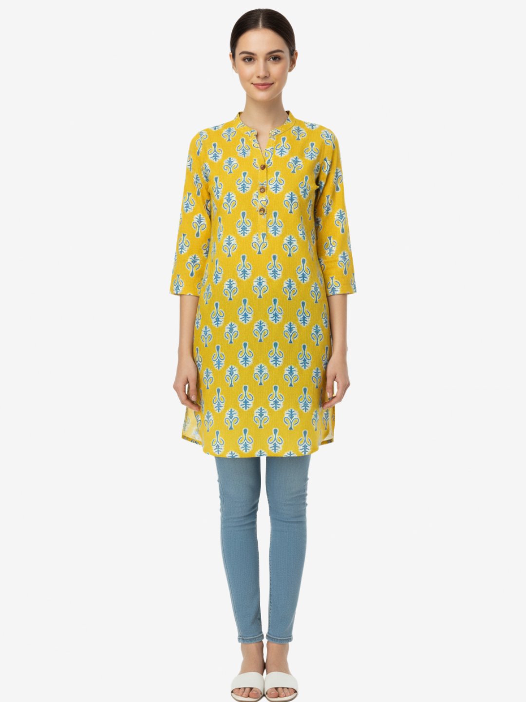 Yellow Floral Printed Short Kurti for Women