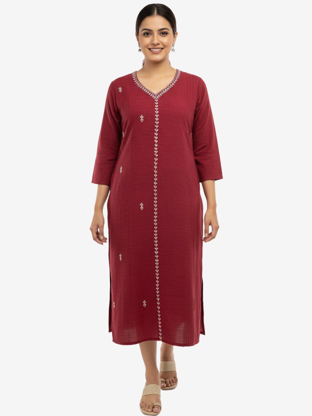 Women’s Maroon Embroidered Khadi Cotton Kurta