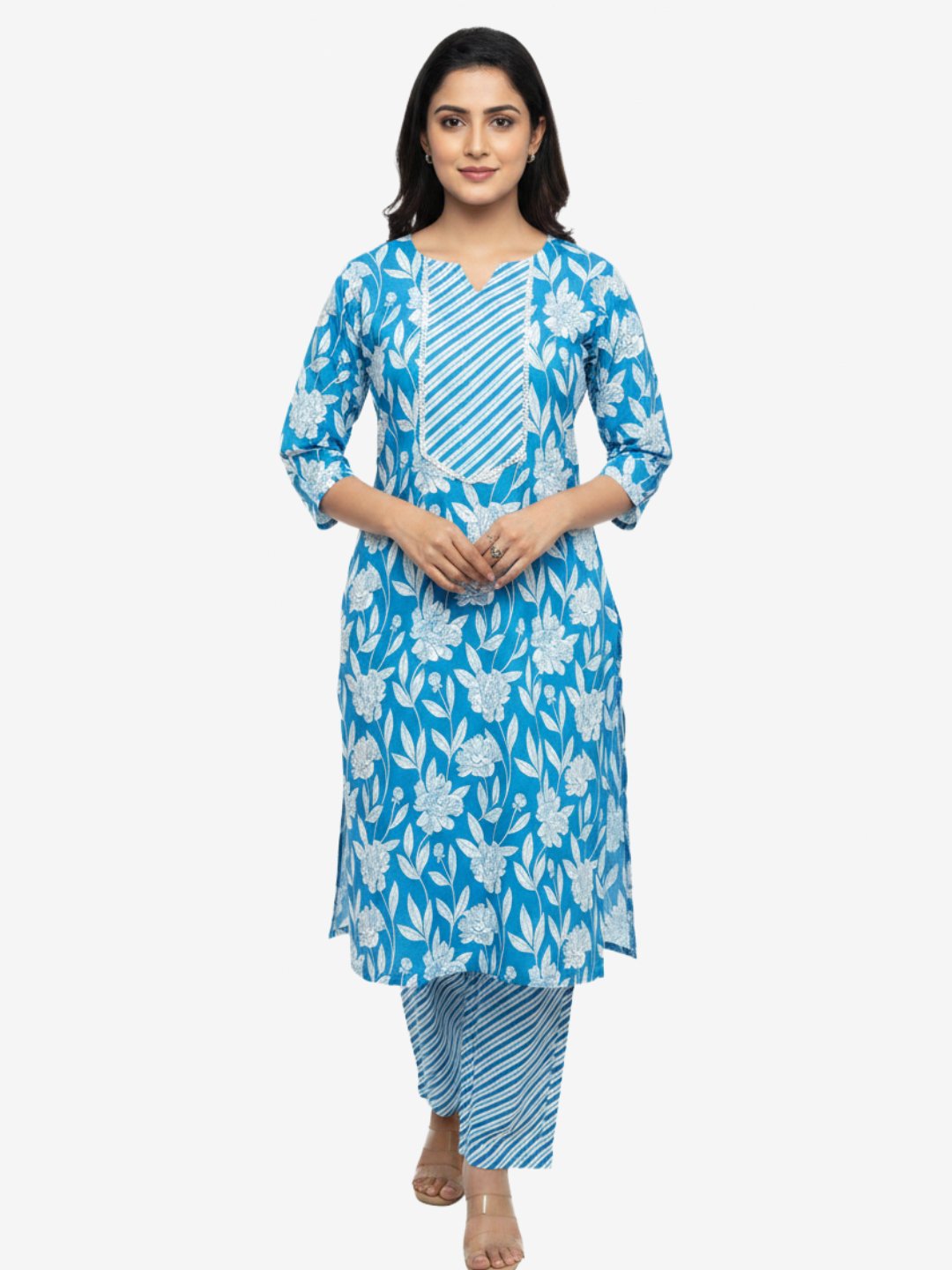 Blue Floral Cotton Kurta Pant Set for Women