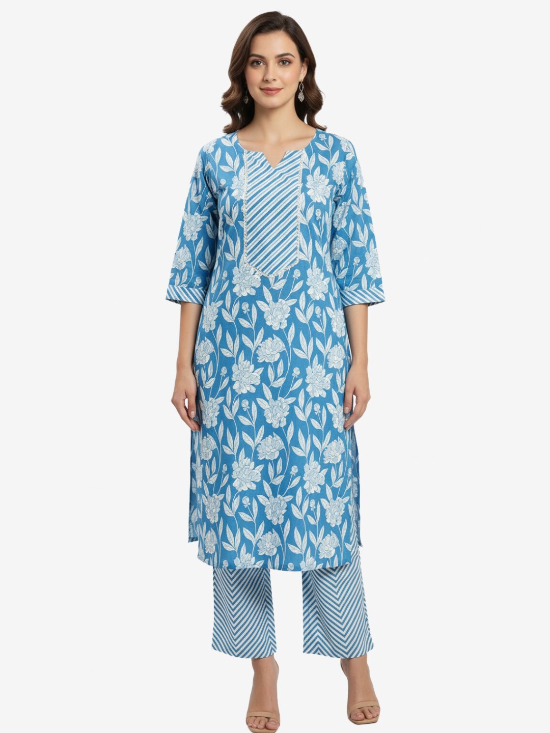 Blue Floral Cotton Kurta Pant Set for Women