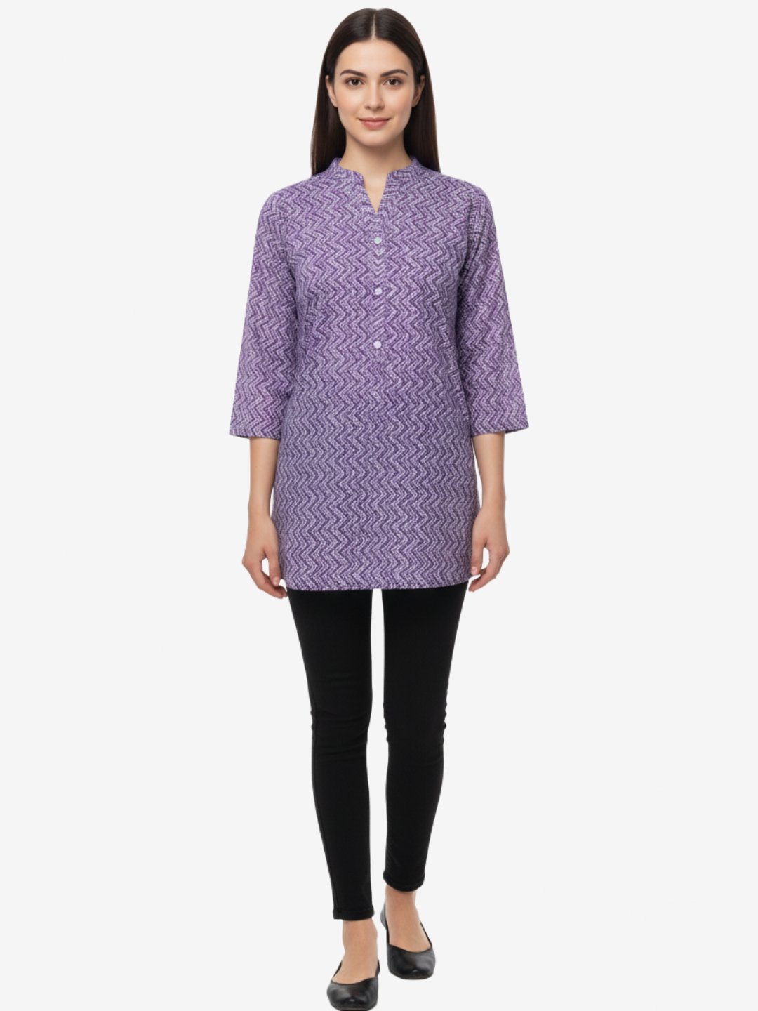 Purple Zigzag Print Cotton Tunic Top for Women