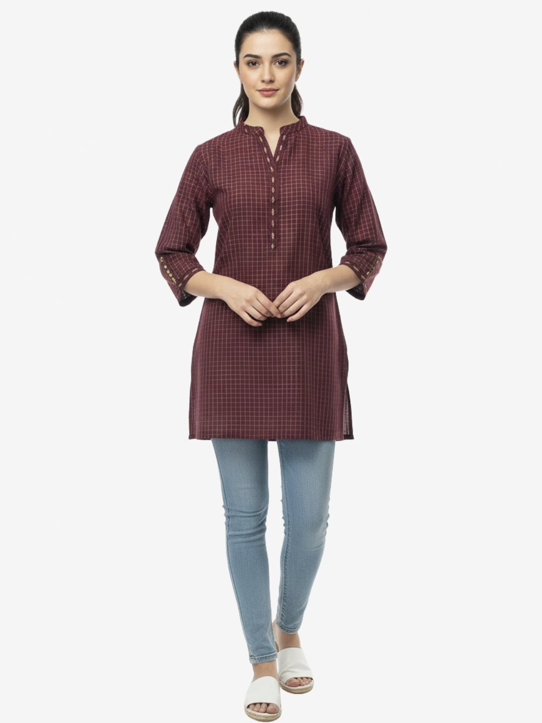 Women’s Maroon Checked Cotton Kurti with Mandarin Collar