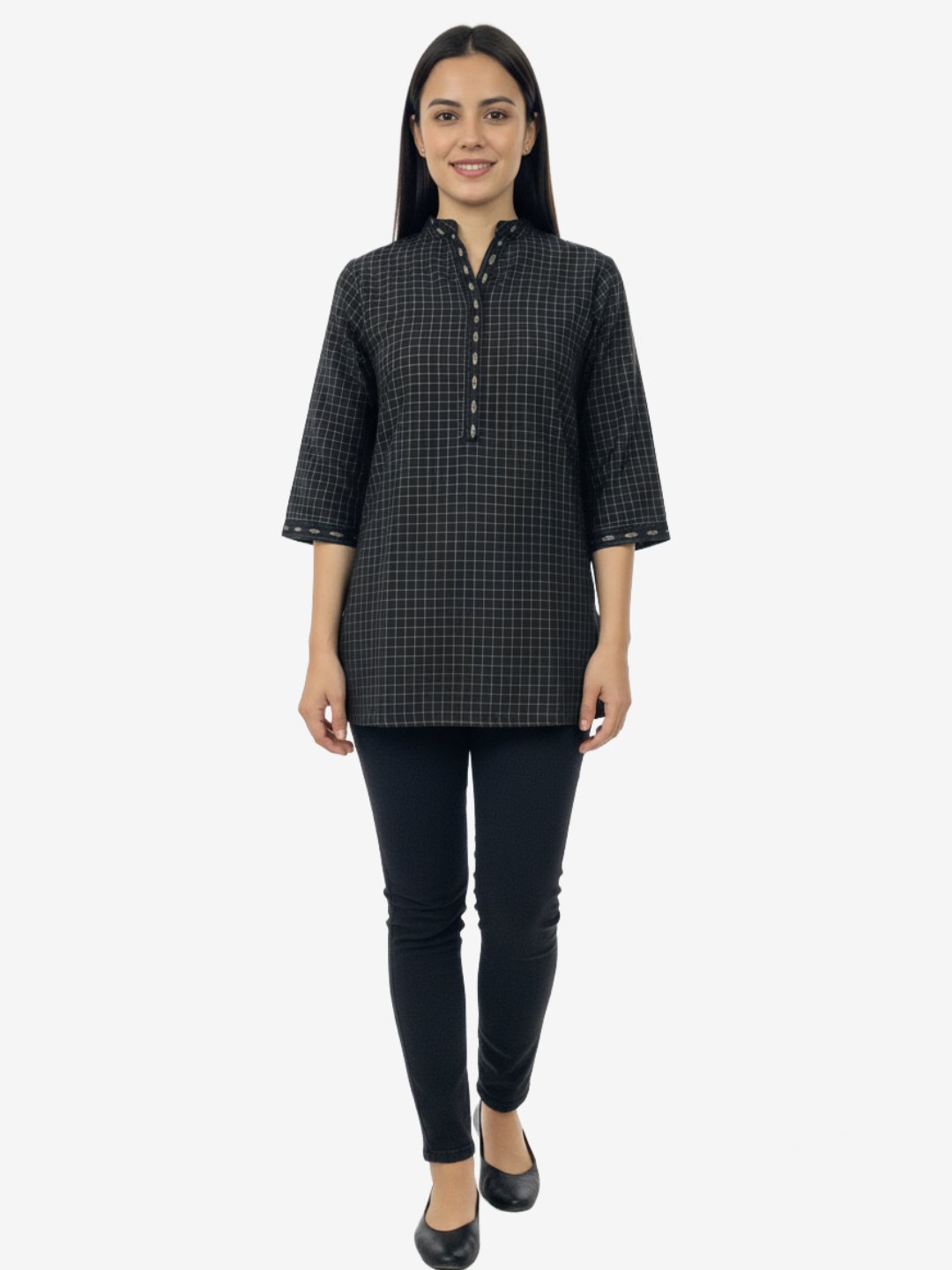 Women’s Black Checked Cotton Tunic with Mandarin Collar