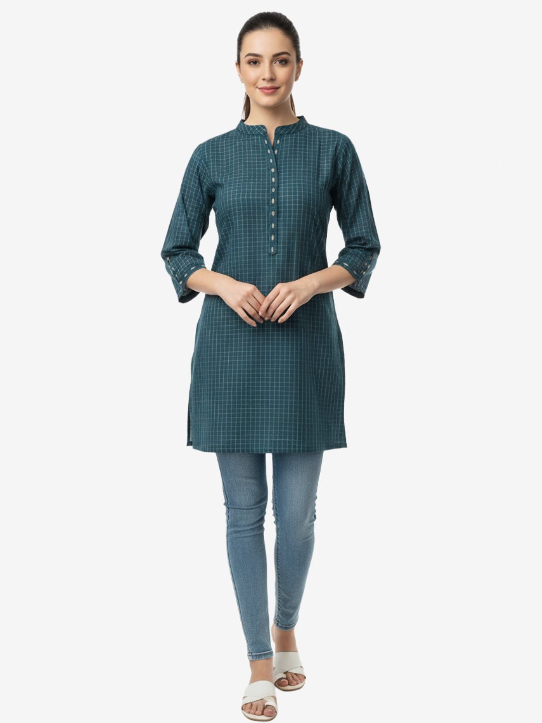 Women’s Teal Checked Cotton Kurti with Mandarin Collar