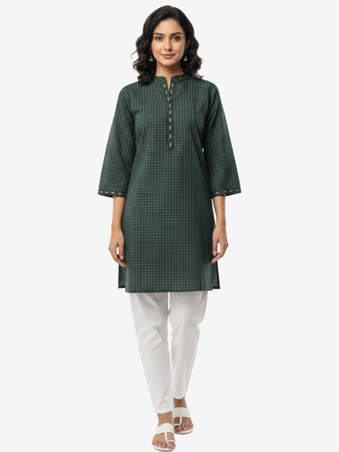 Dark Green Checked Cotton Straight Kurta
