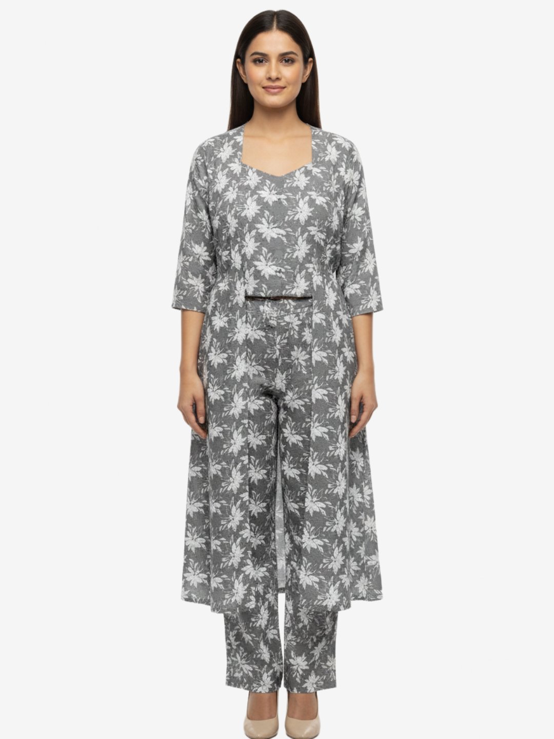 Grey Floral Crop Top Pant and Shrug Set