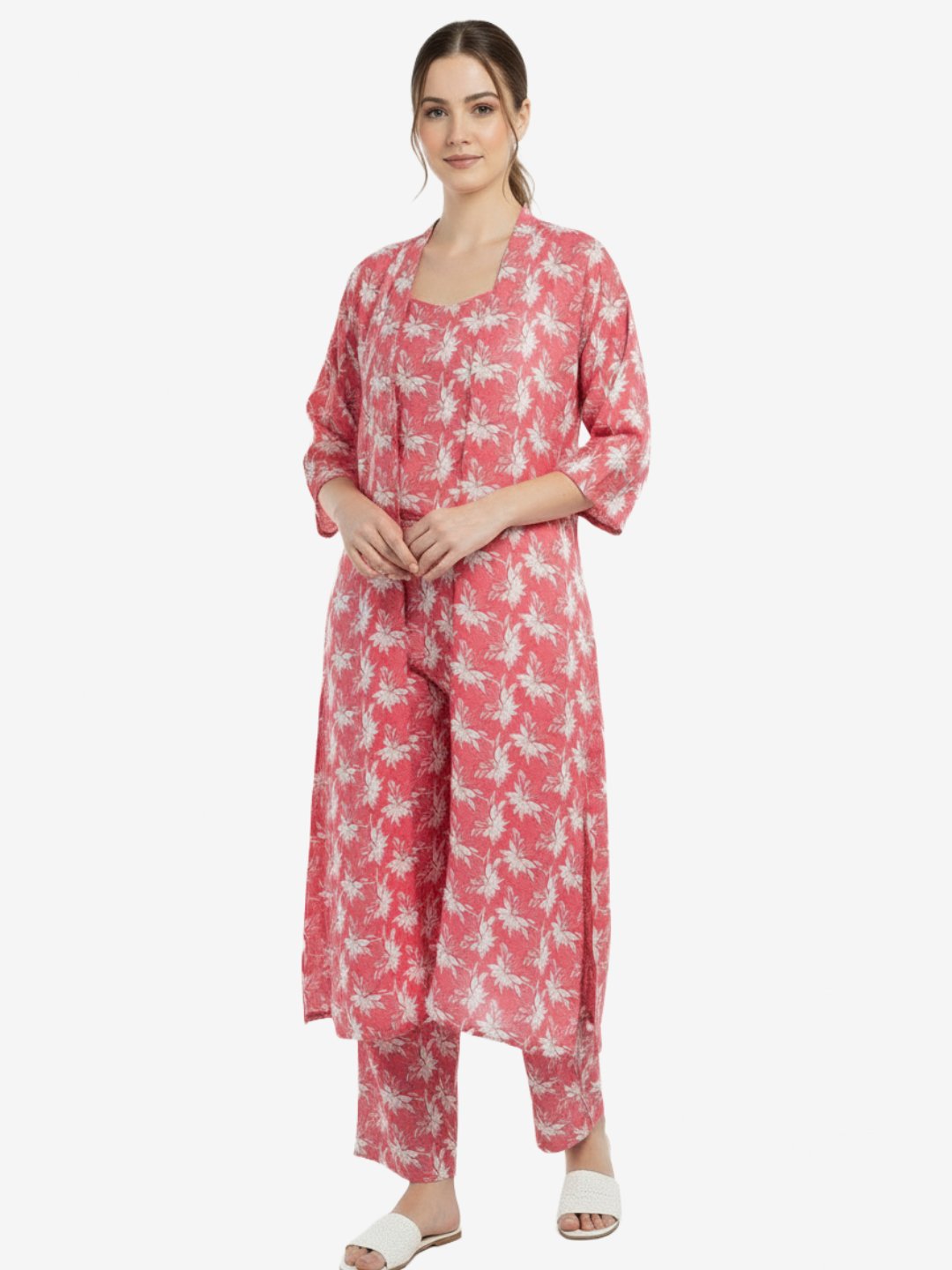 Women Pink Floral Printed Three Piece Co-ord Set with Crop Top, Pant & Long Shrug