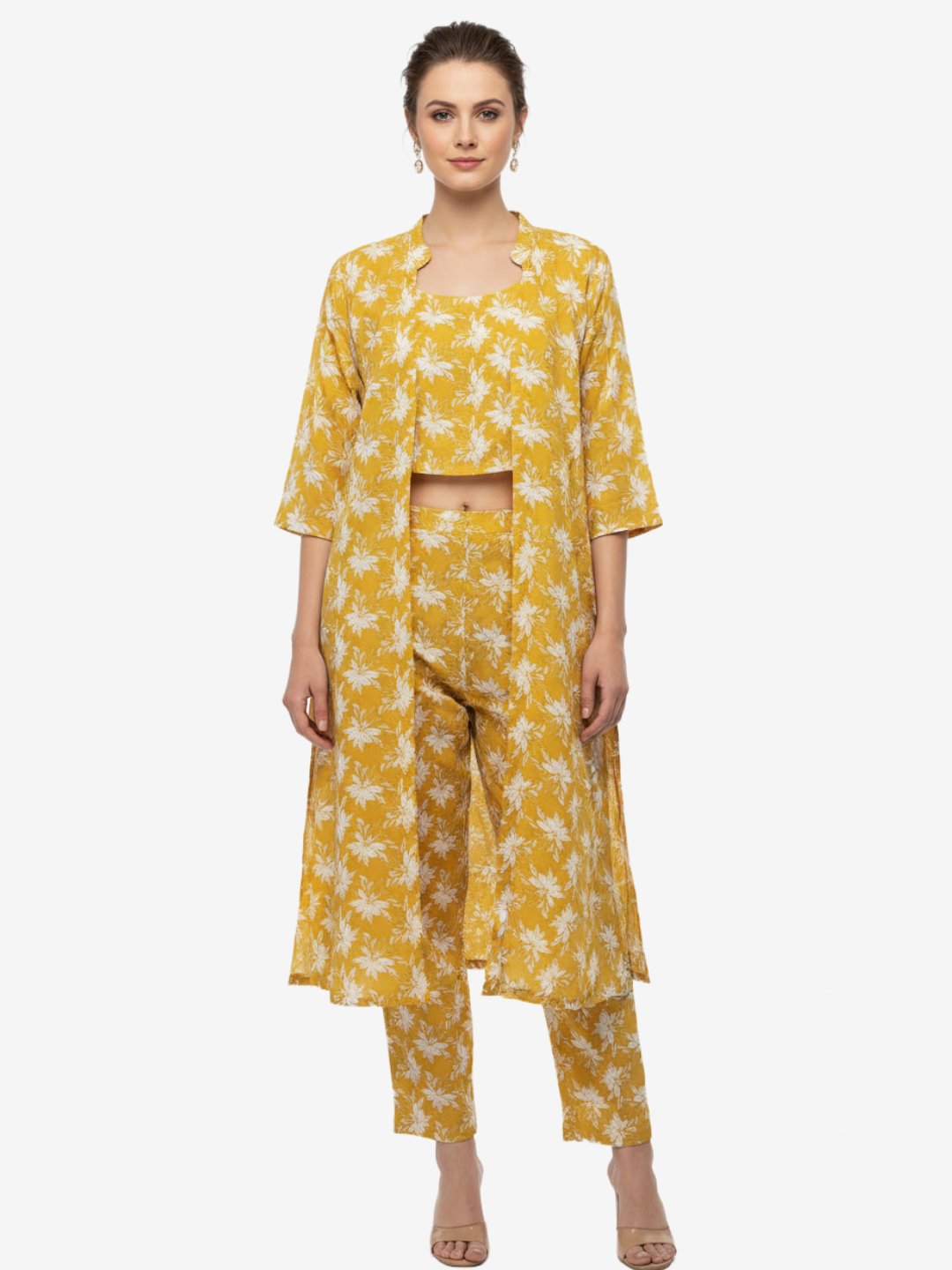 Women Mustard Yellow Floral Printed Three Piece Co-ord Set with Crop Top, Pant & Long Shrug
