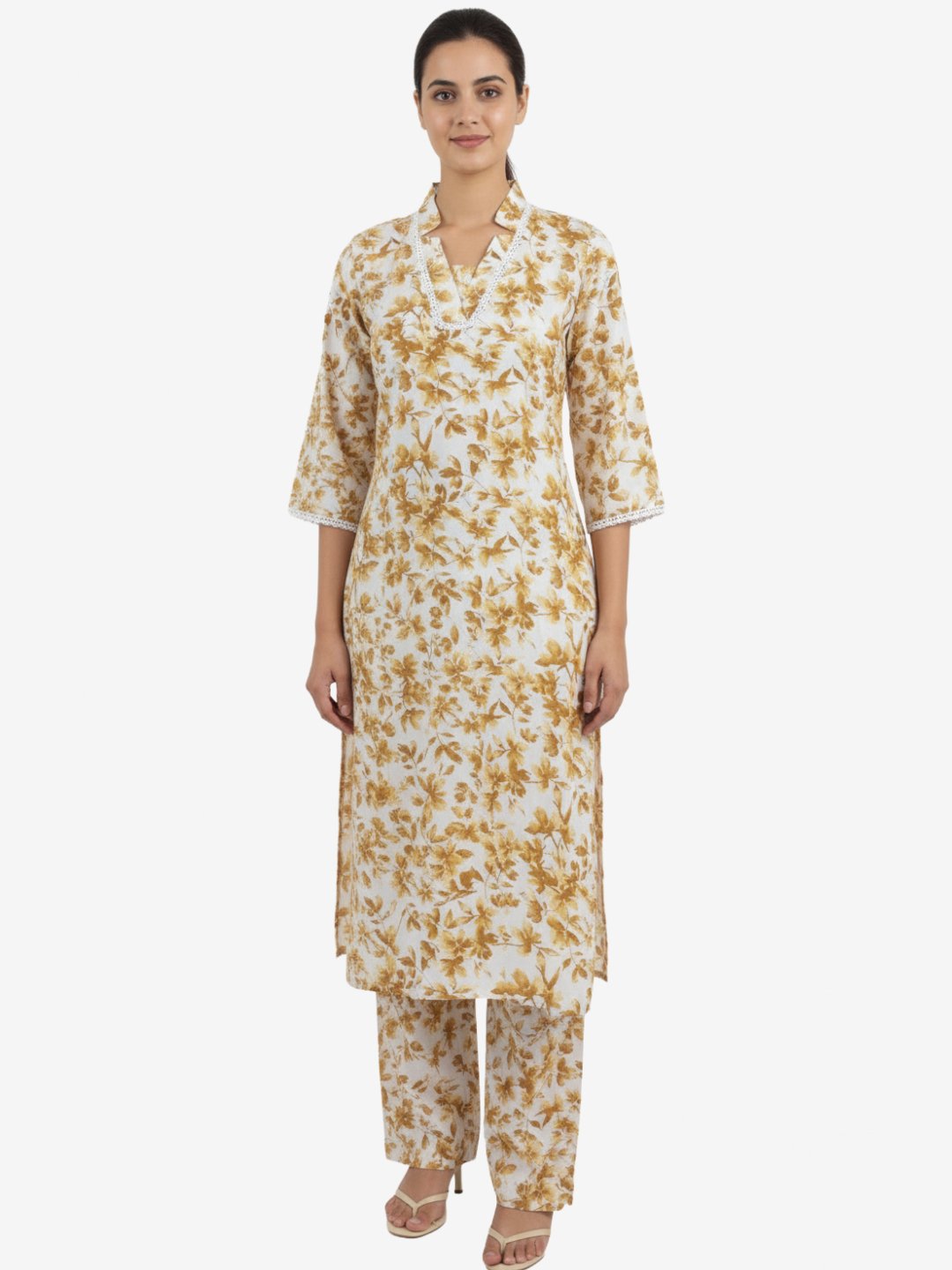 Mustard Floral Printed White Rayon Kurta Pant Set for Women