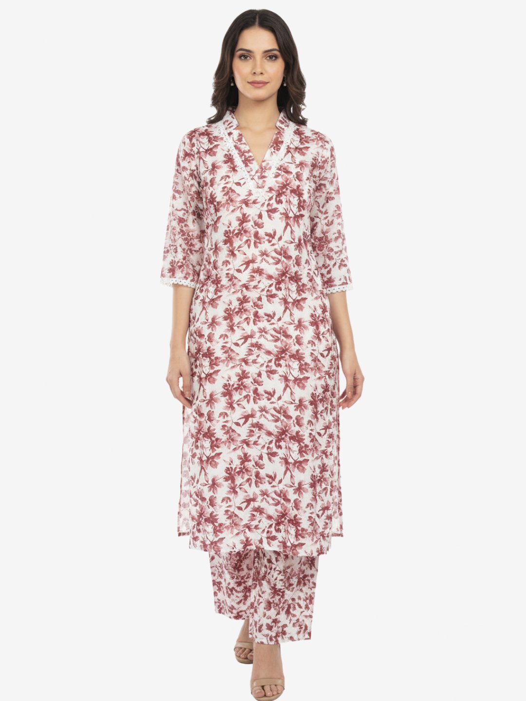 Maroon Floral Printed White Rayon Kurta Pant Set for Women