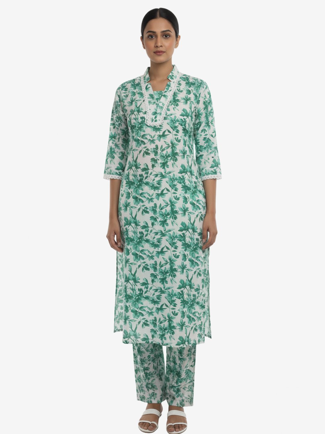 Green Floral Printed White Rayon Kurta Pant Set for Women