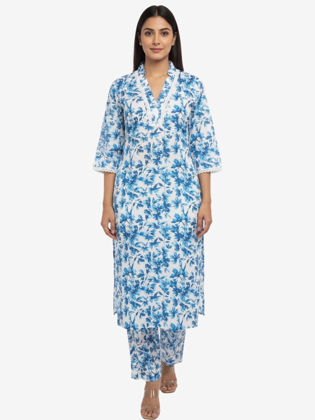 Blue Floral Printed White Rayon Kurta Pant Set for Women