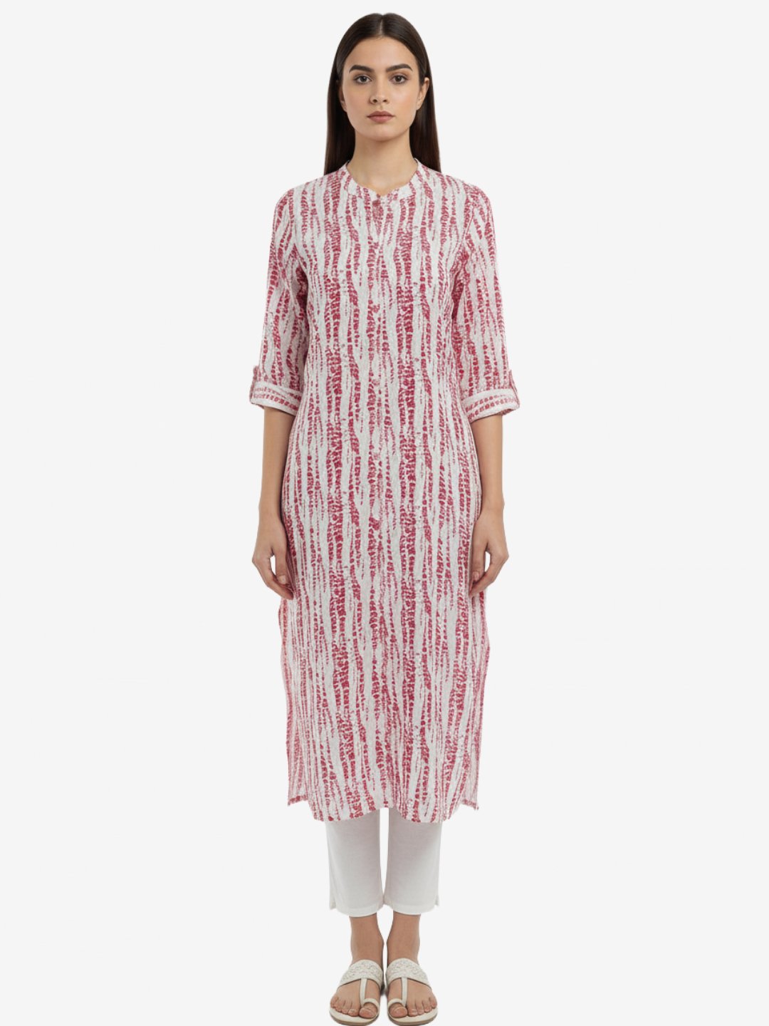 White & Red Printed Cotton Kurta for Women