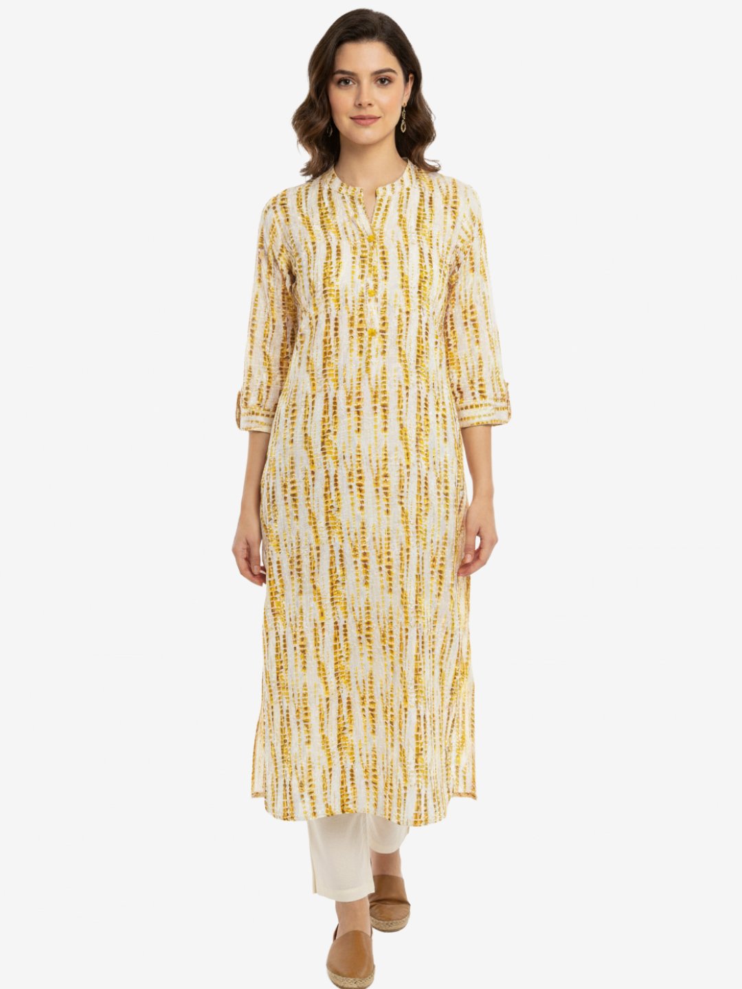 White & Yellow Printed Cotton Kurta for Women