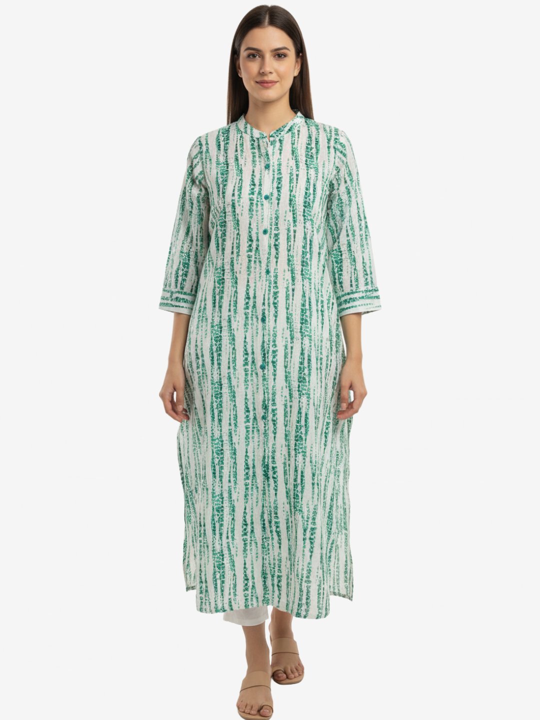 White & Green Printed Cotton Kurta for Women