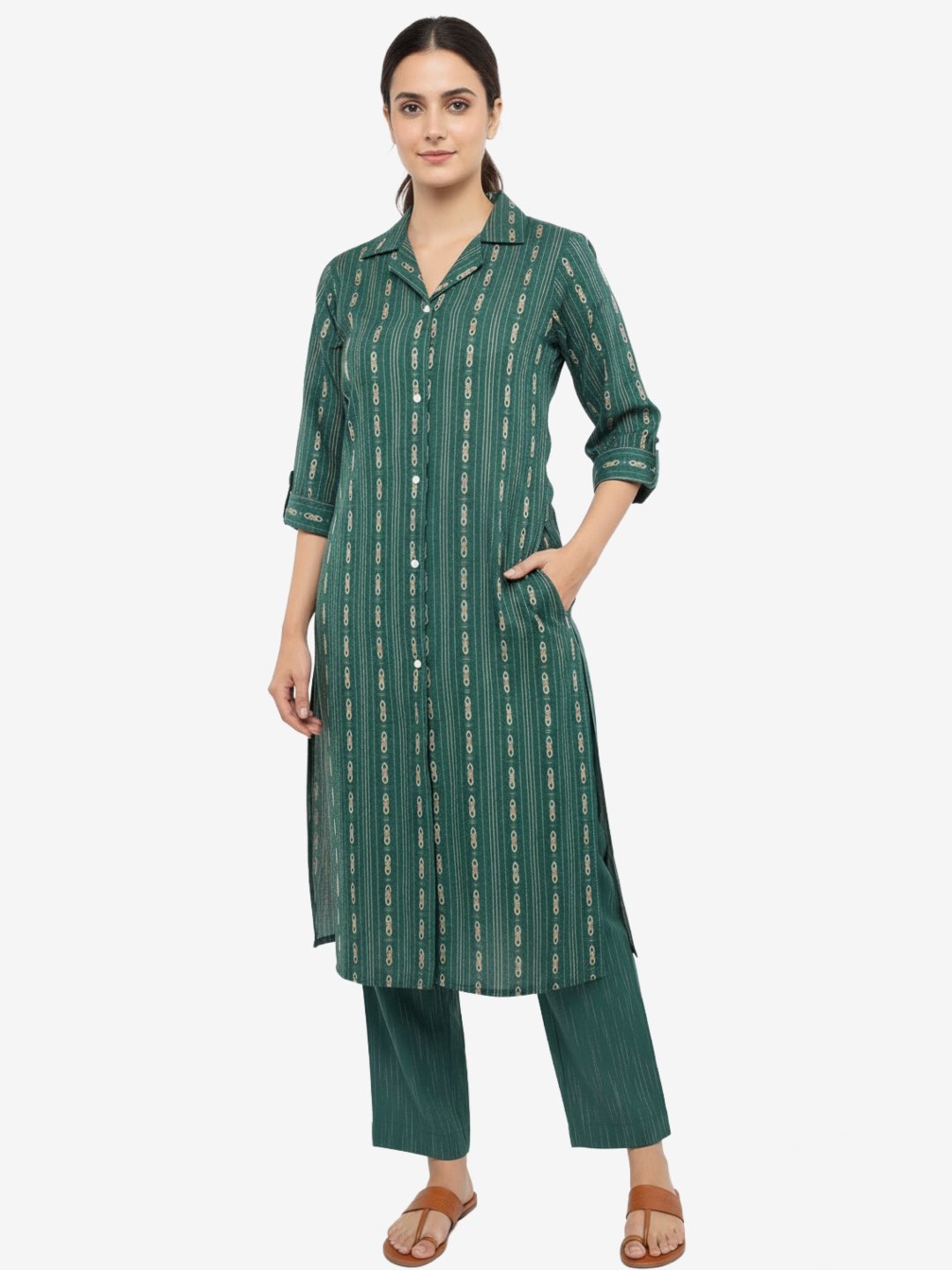 Embellished Green Striped Kurta Pant Set