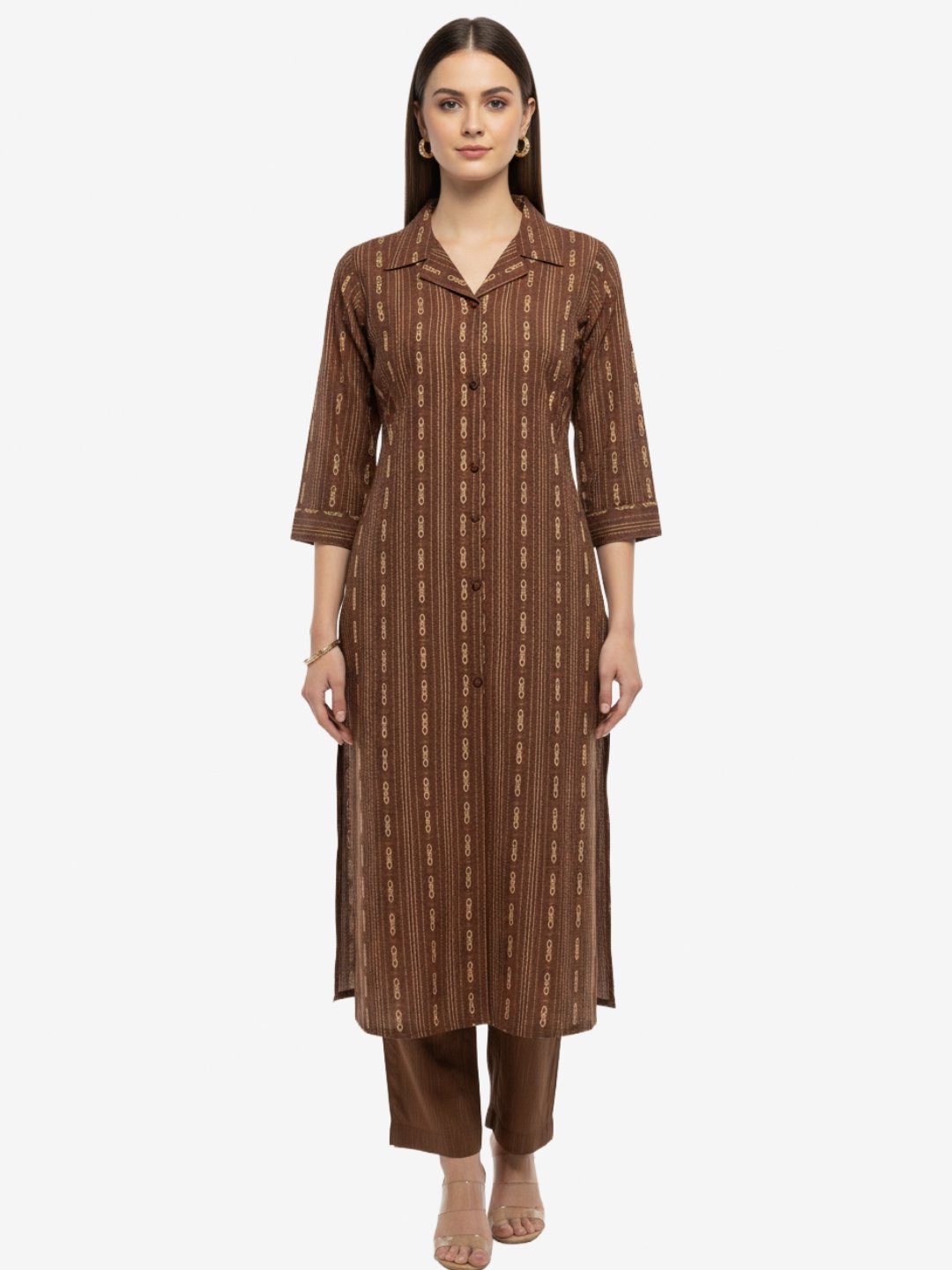 Embellished brown Striped Kurta Pant Set