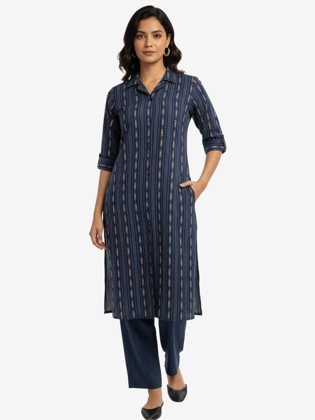Embellished Blue Striped Kurta Pant Set