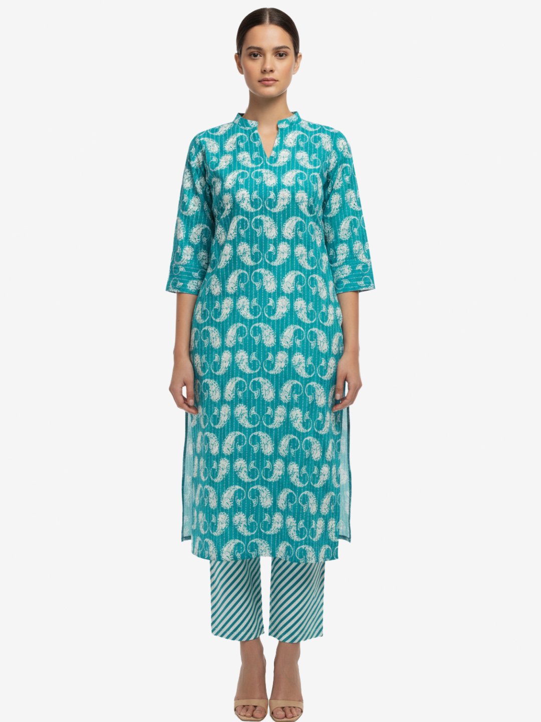Women’s Teal Printed Straight Kurta & Striped Pant Set