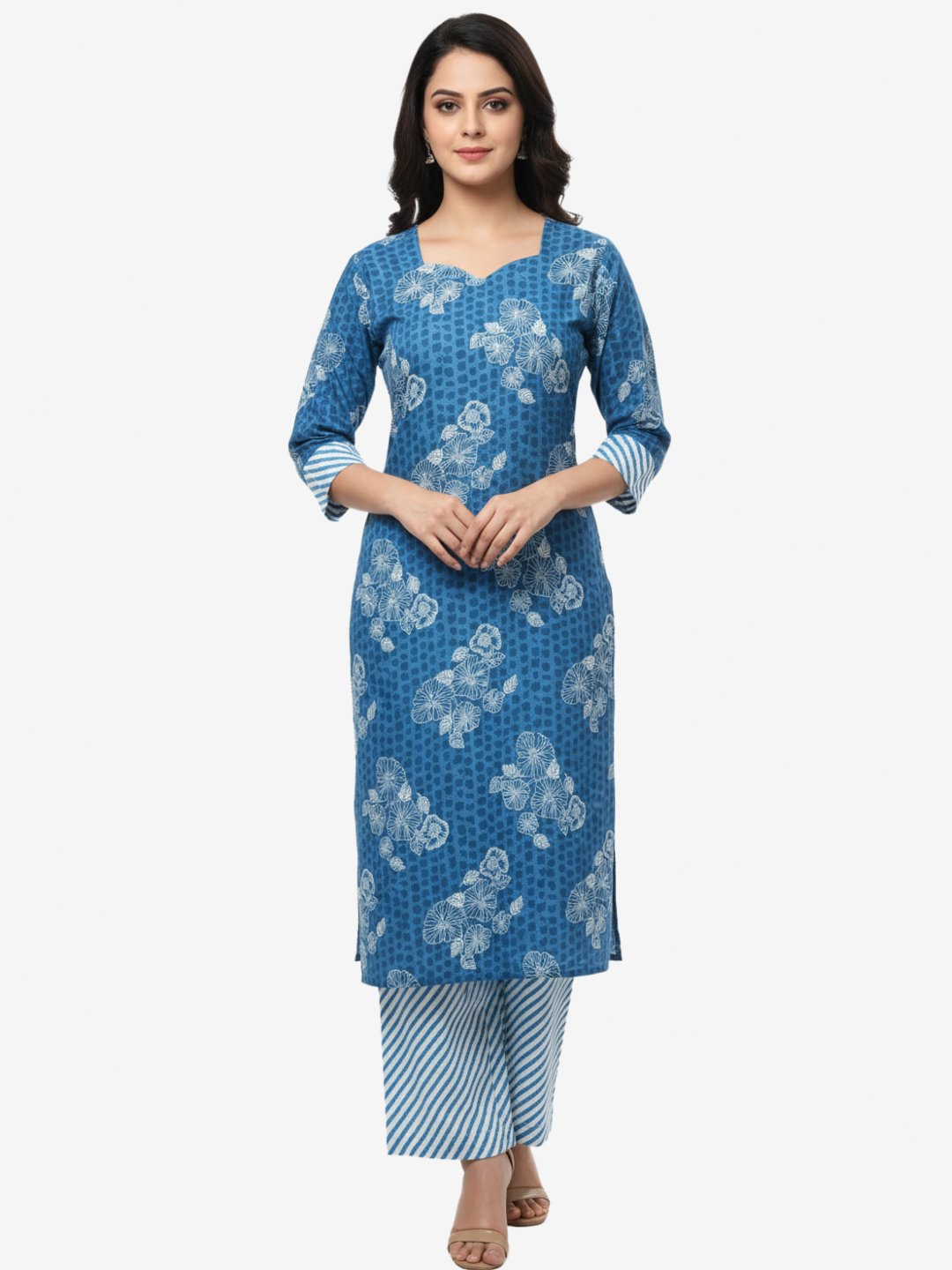 Women’s Blue Printed Straight Kurta Pant Set | Cotton Floral Kurta with Striped Pants