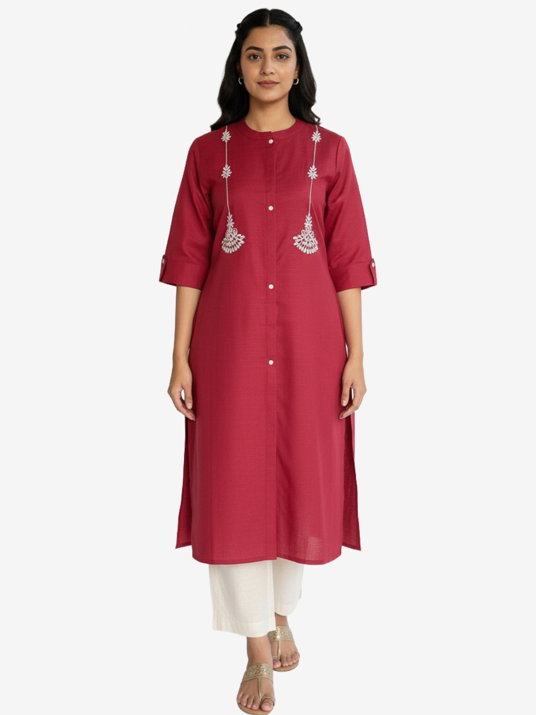 Maroon Cotton Blend Kurta for Women with Embroidery
