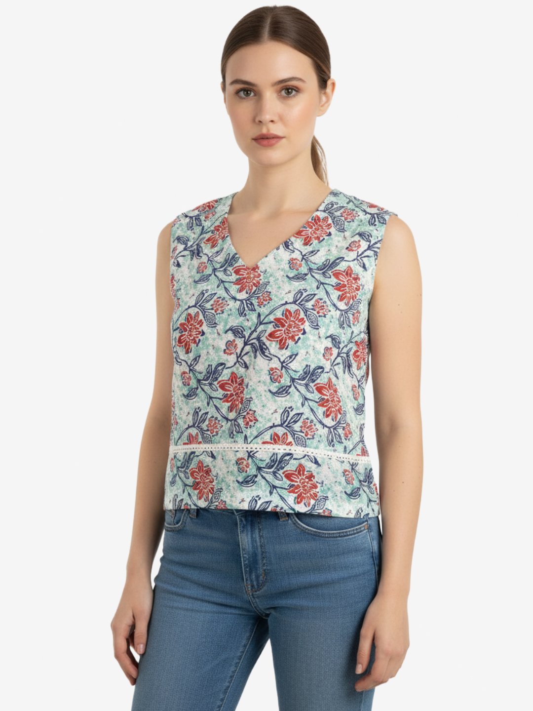 Floral Printed Rayon Sleeveless Crop Top for Women