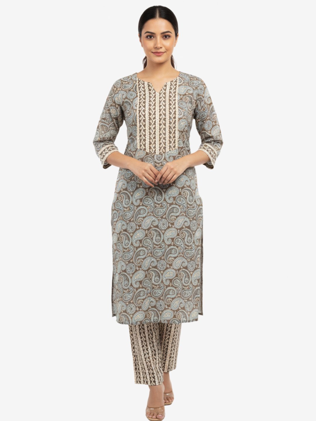 Women’s Cotton Gray Paisley Kurta Pant Set