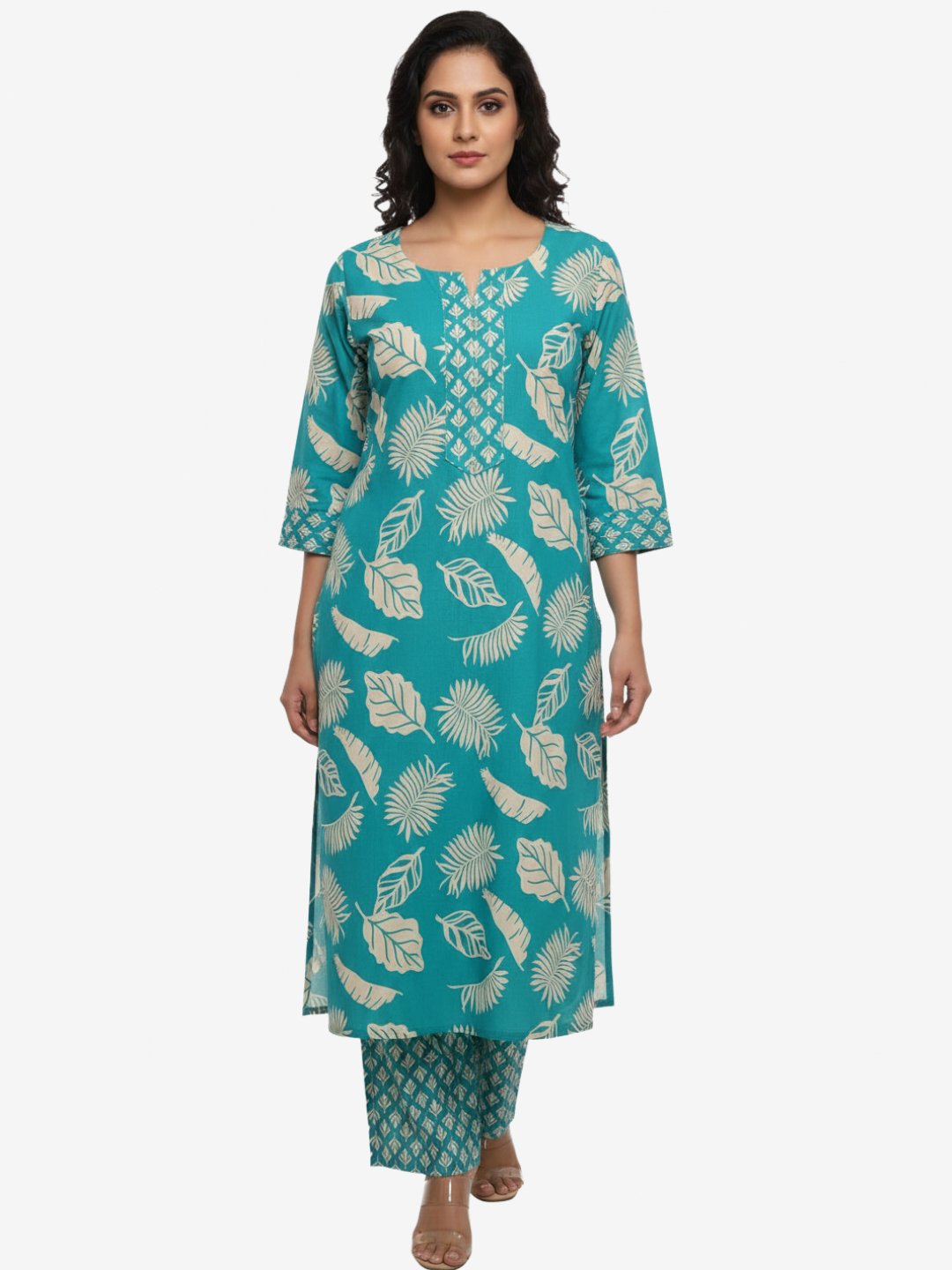 Women Teal Printed Cotton Kurta Pant Set