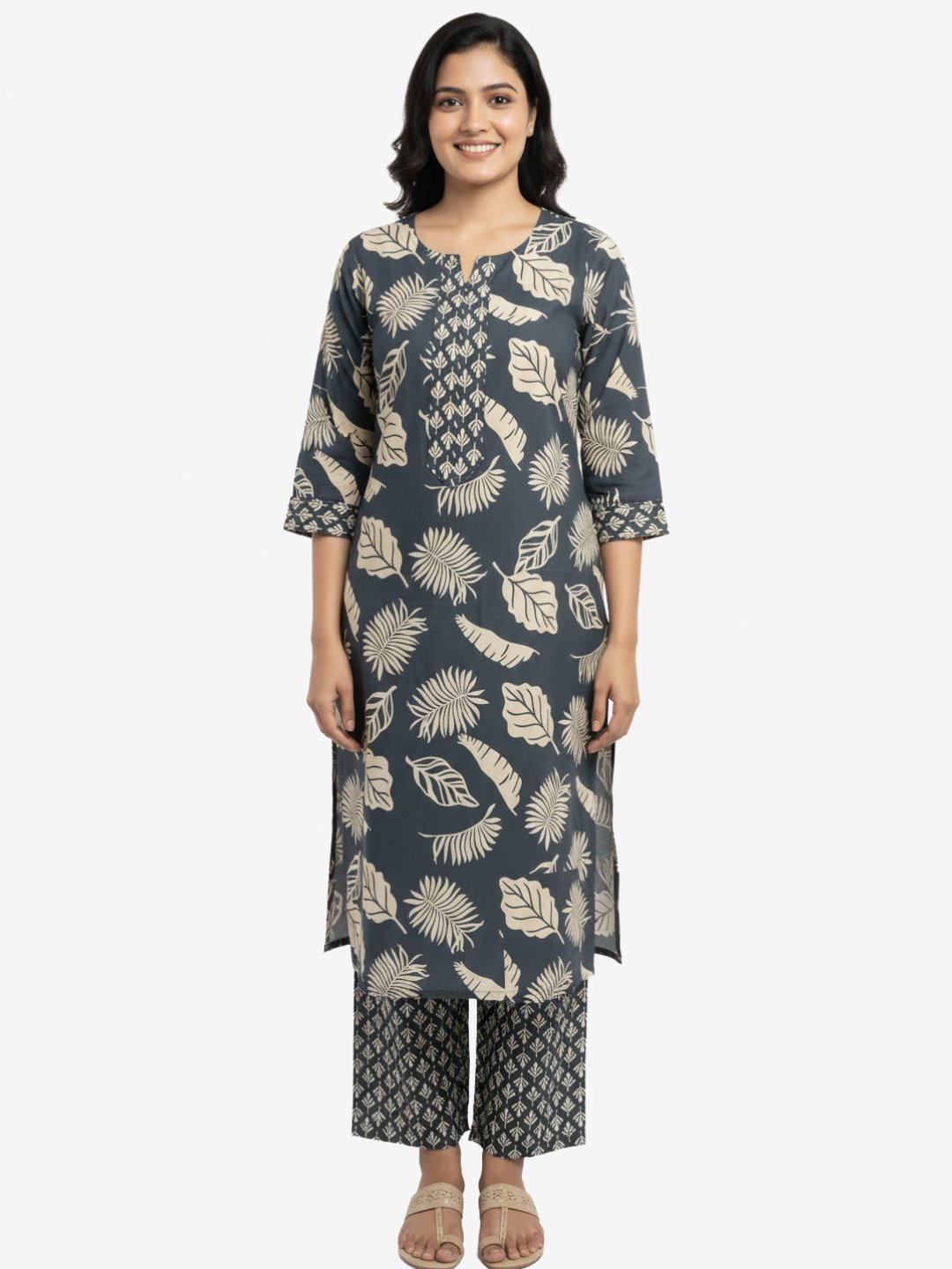 Women Gray Printed Cotton Kurta Pant Set