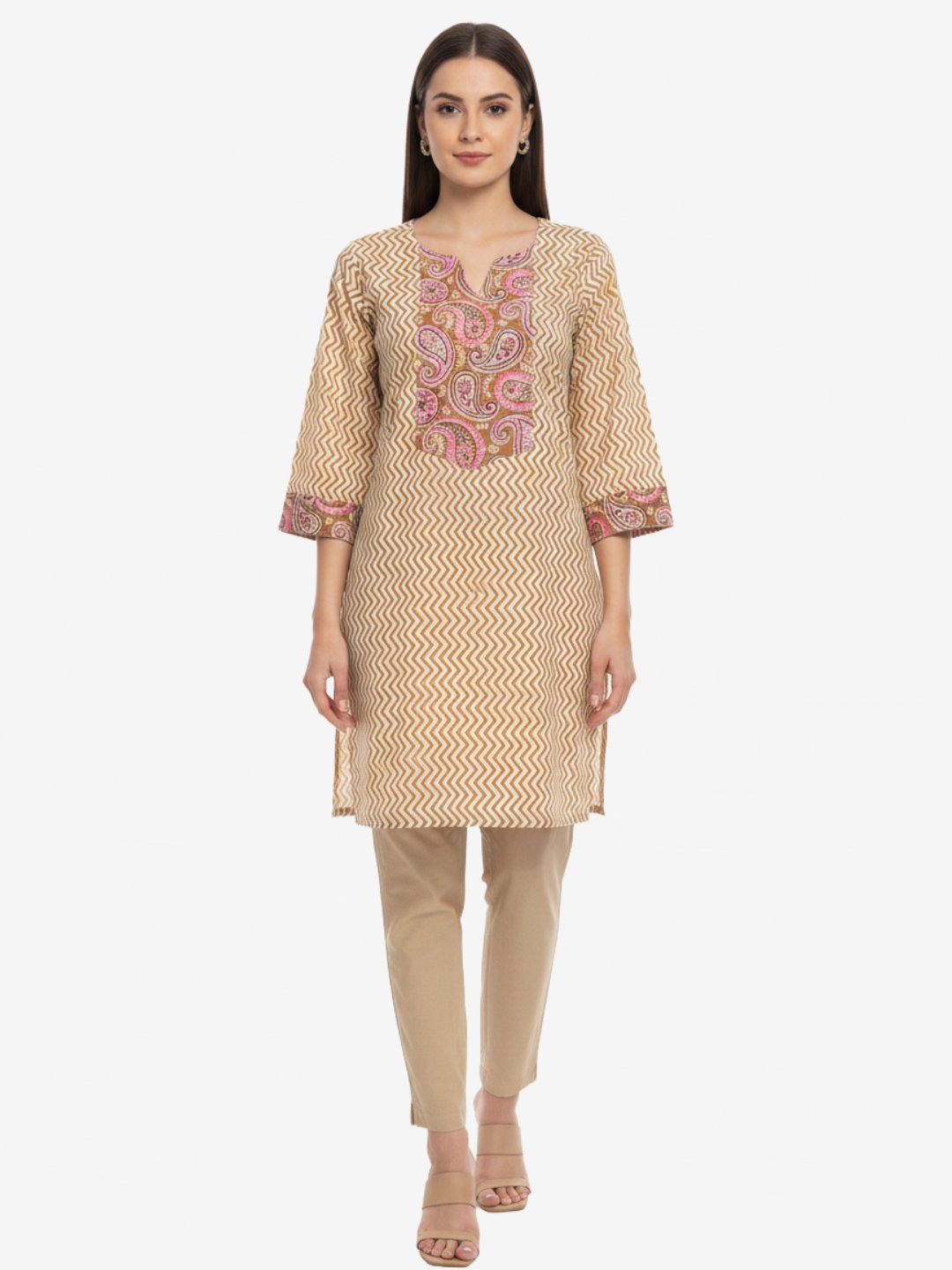 Beige Cotton Short Kurta for Women with Paisley Print
