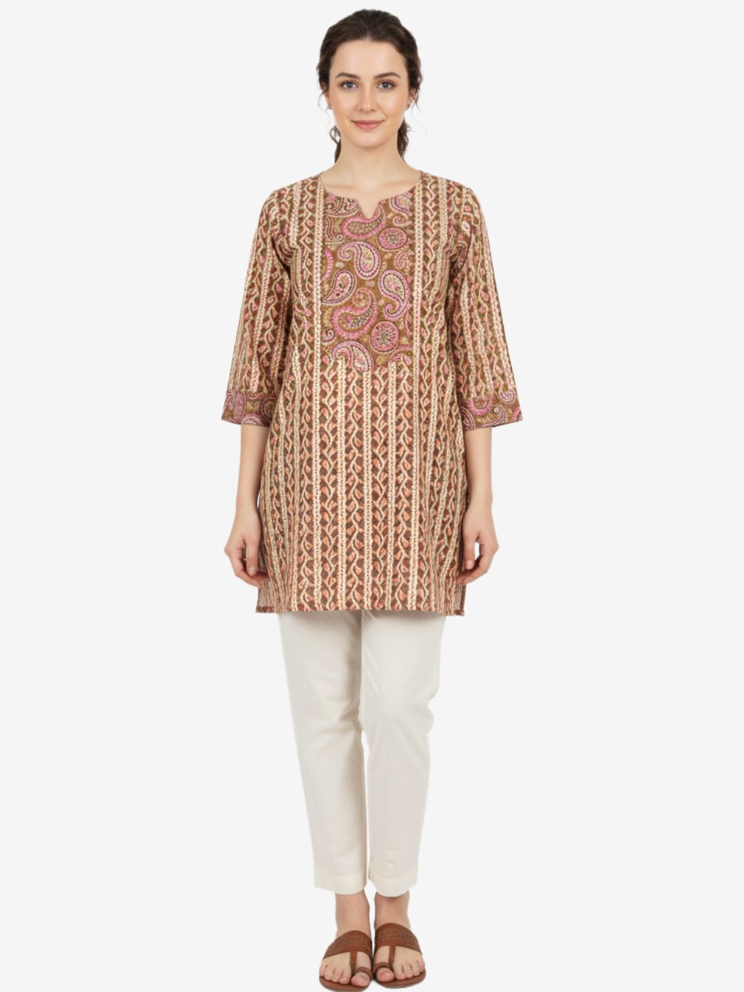 Brown Cotton Short Kurta with Paisley Print