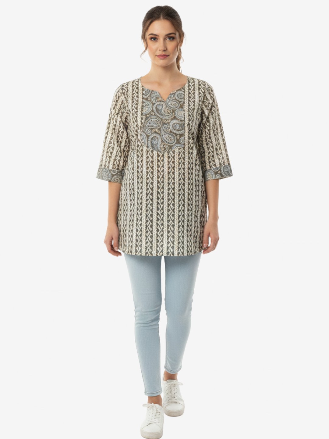 Grey Cotton Short Kurta for Women with Paisley Print
