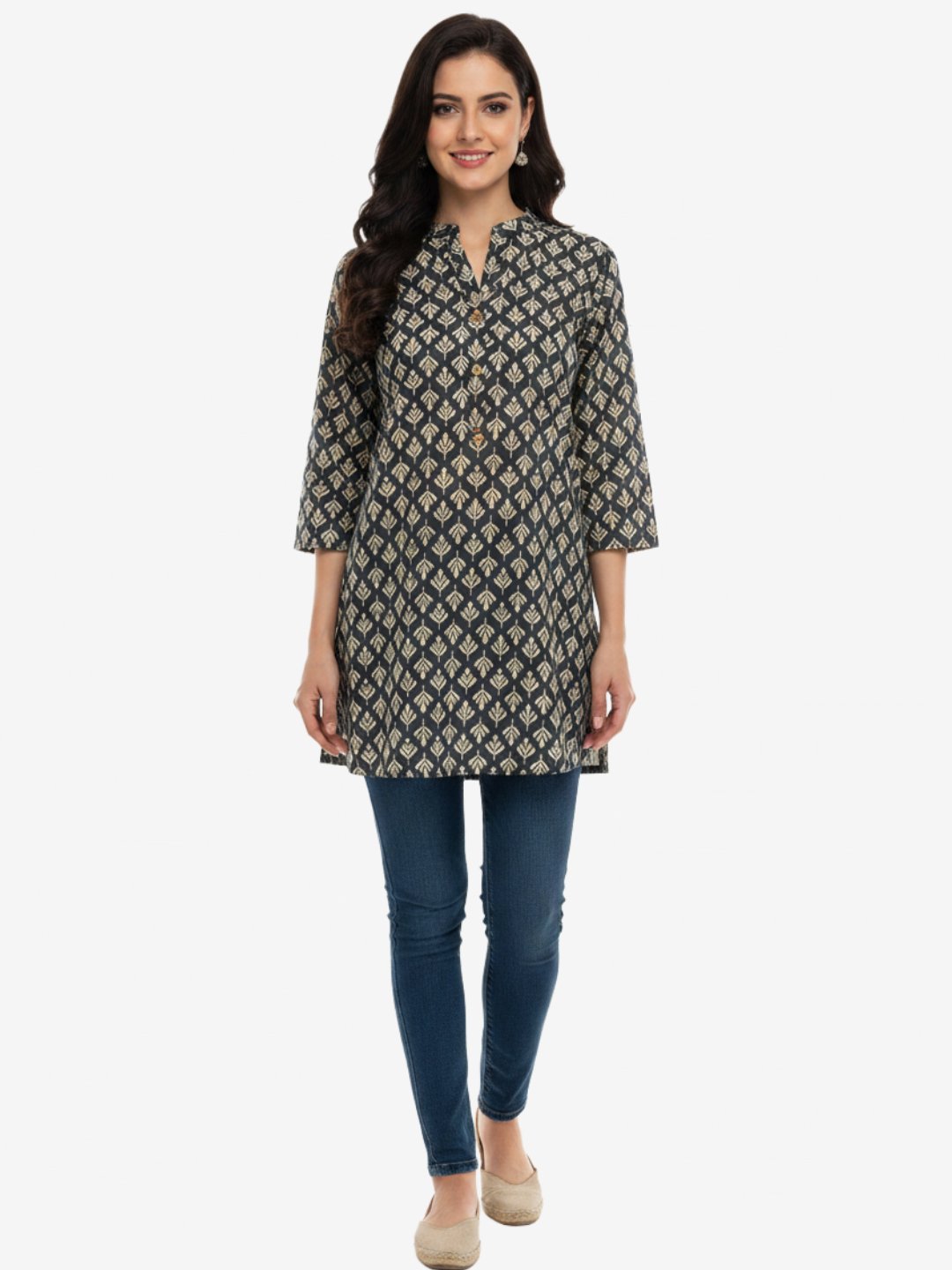 Black Cotton Short Kurta with Ethnic Print